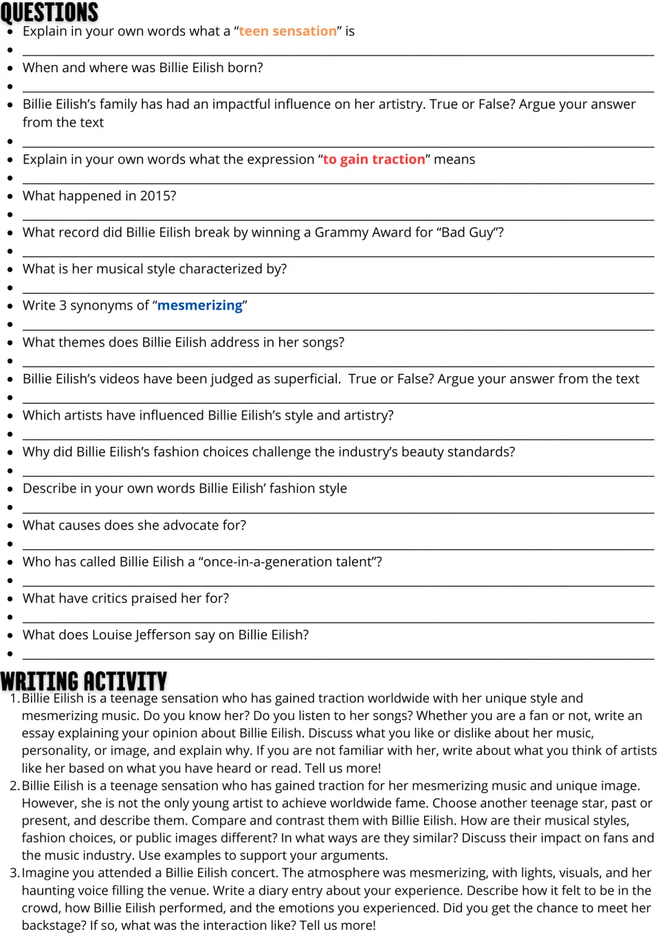 17 comprehension questions and three writing prompts: an opinion essay, a star comparison, and a concert diary.