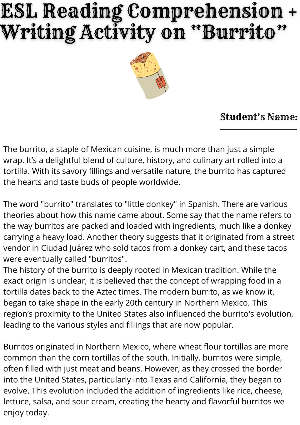 Burrito reading passage, part 1: students read about the name 'little donkey', Aztec roots and Northern Mexico origins