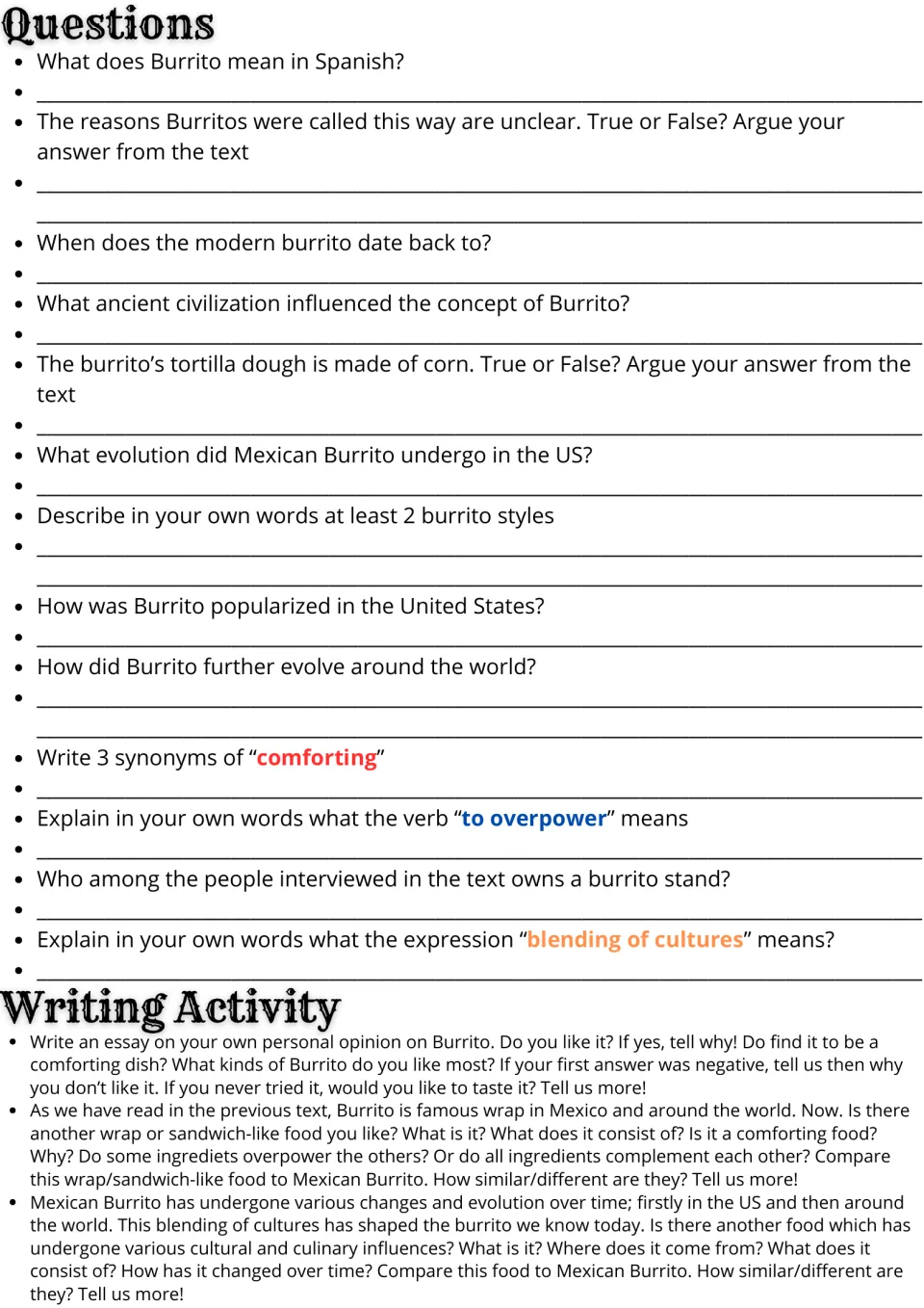 Burrito questions: students answer 13 comprehension and vocabulary items, then pick one of three essay prompts