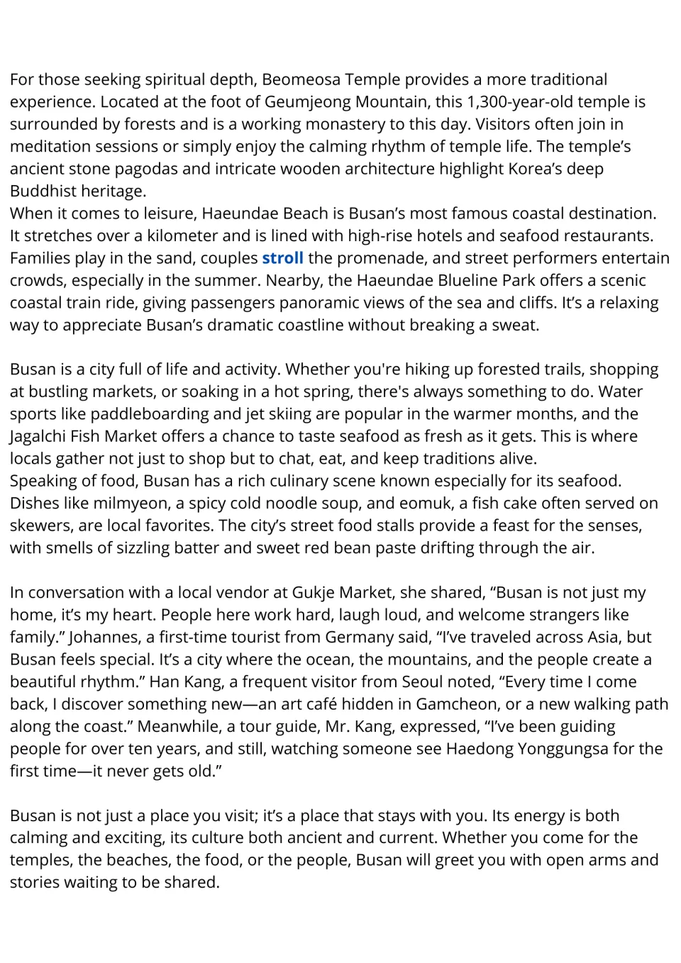 Busan reading passage conclusion: Beomeosa Temple, Haeundae Beach, activities, food, and visitor comments.