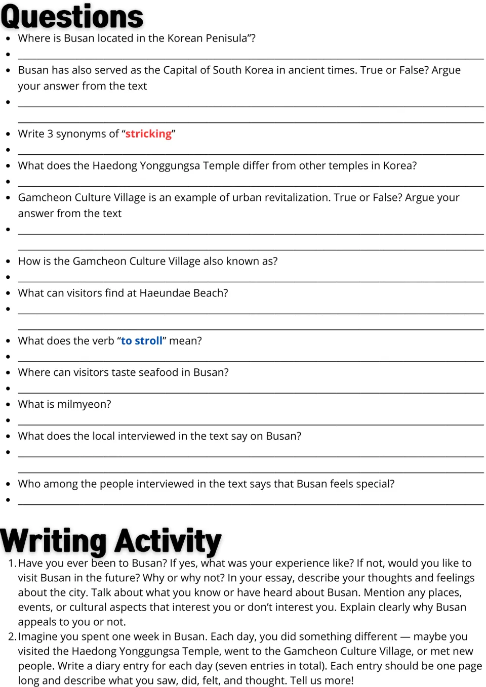 Busan passage follow-up: 12 comprehension and vocabulary questions, an essay prompt, and a seven-day diary.