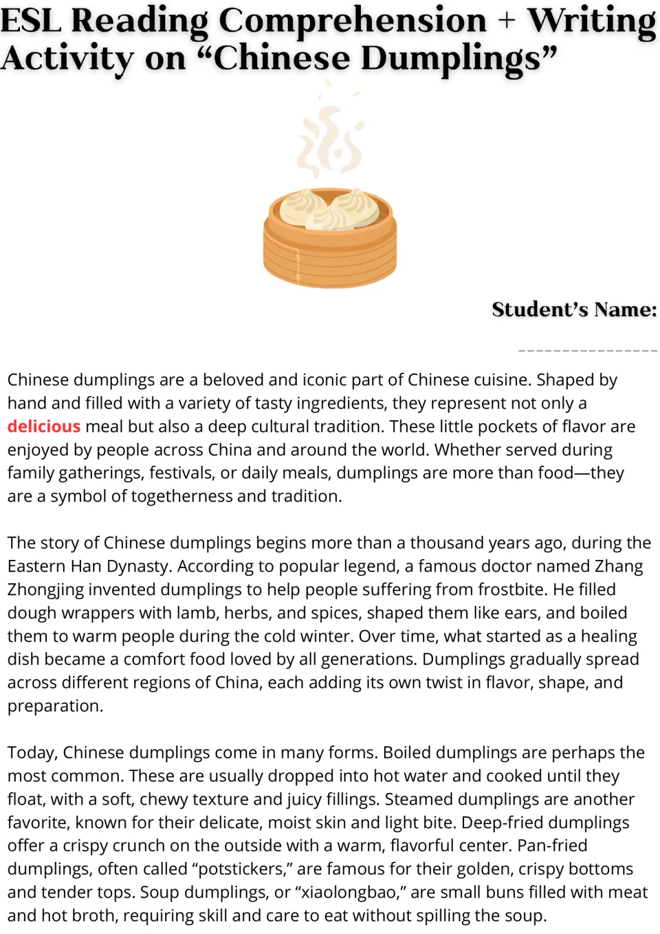 Reading passage opening: Chinese dumplings, their origin legend, and boiled, steamed, and fried varieties.