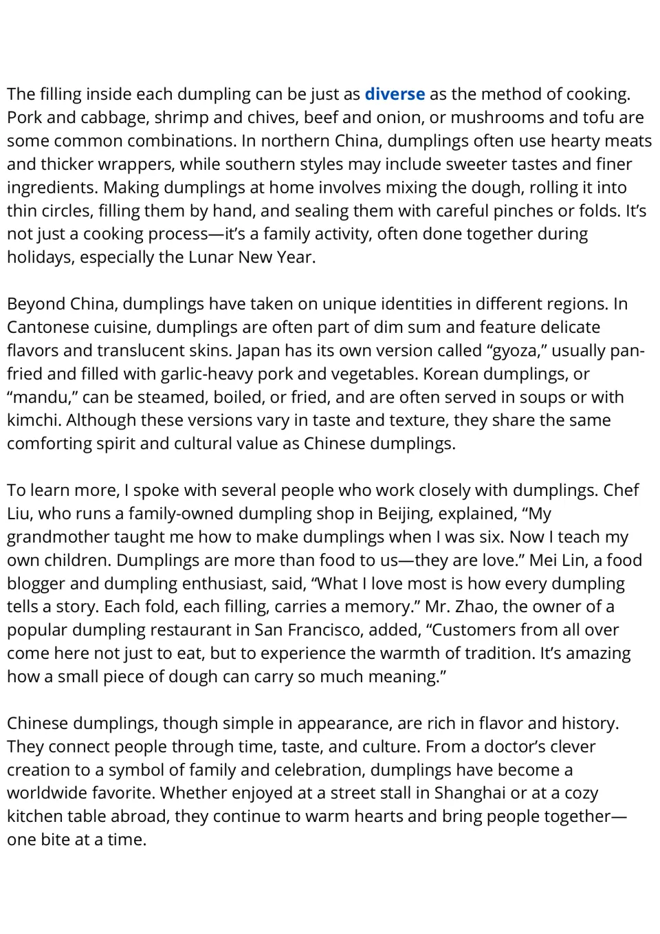 Reading passage conclusion: dumpling fillings, family traditions, Asian variations, and three interviews.