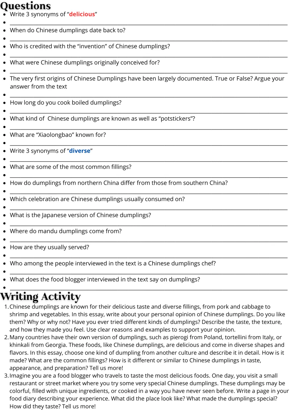 Follow-up activities: 17 comprehension and vocabulary questions plus three essay prompts about dumplings.