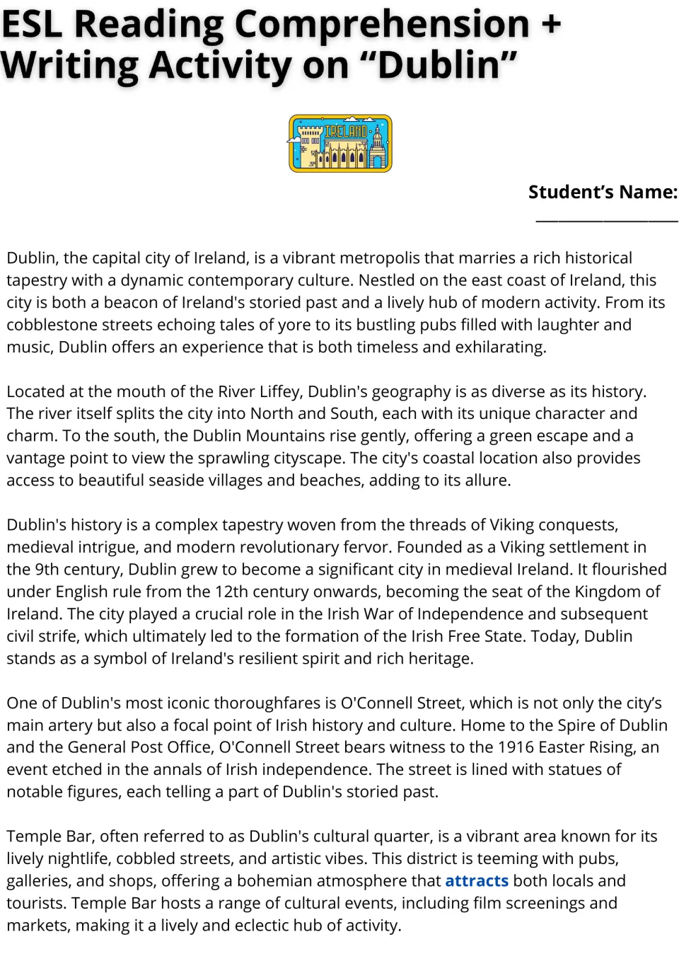Dublin reading passage, part 1: geography, Viking origins, Irish history, O'Connell Street, and Temple Bar.