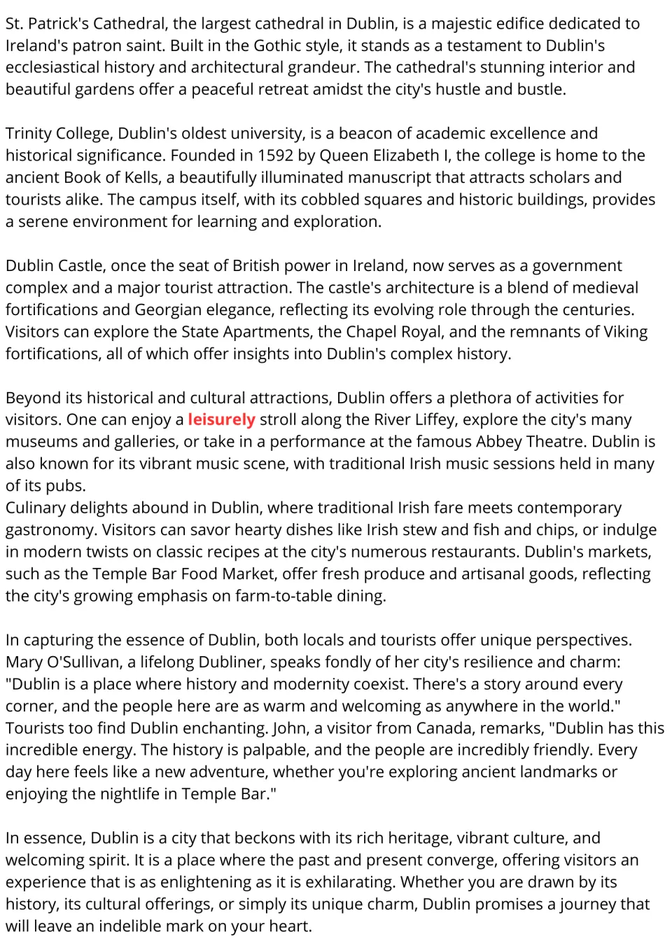 Dublin reading passage, part 2: St. Patrick's Cathedral, Trinity College, Dublin Castle, food, and tourism.