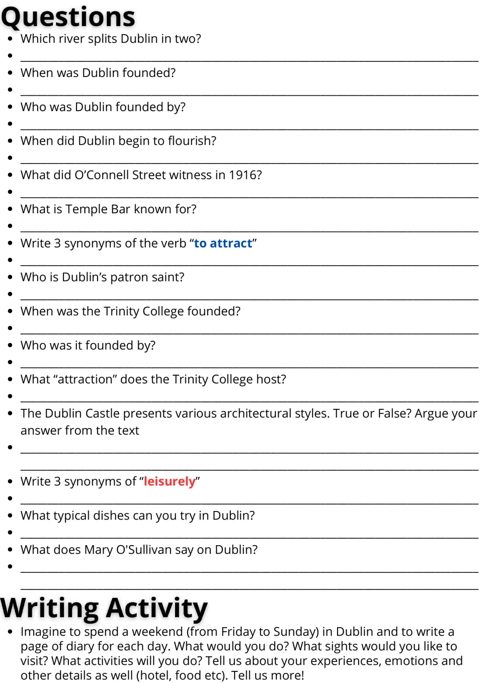 Dublin reading follow-up: 15 comprehension and vocabulary questions plus a three-day weekend diary prompt.