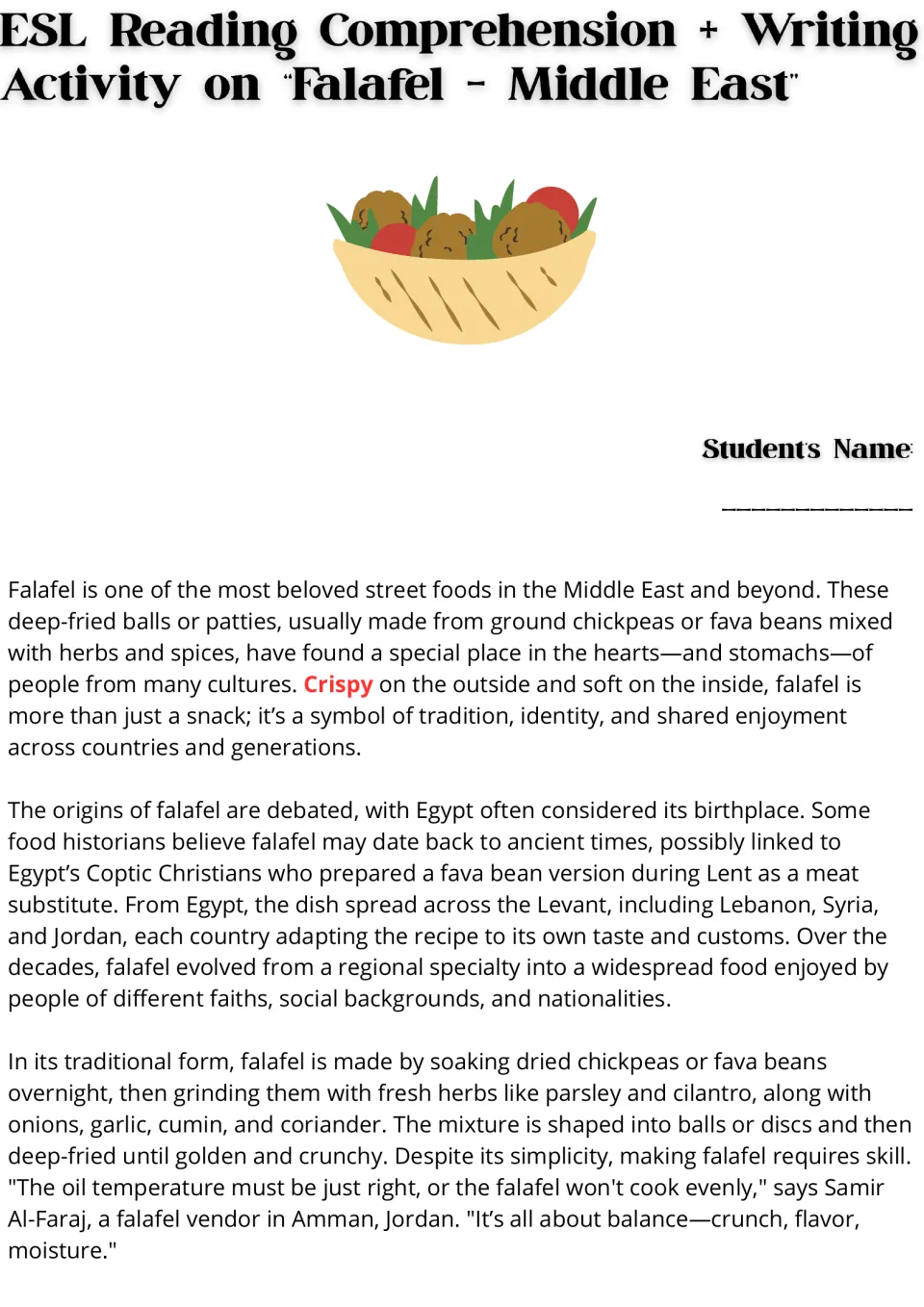 Opening reading passage on falafel: Middle Eastern origins, chickpeas or fava beans, and preparation.