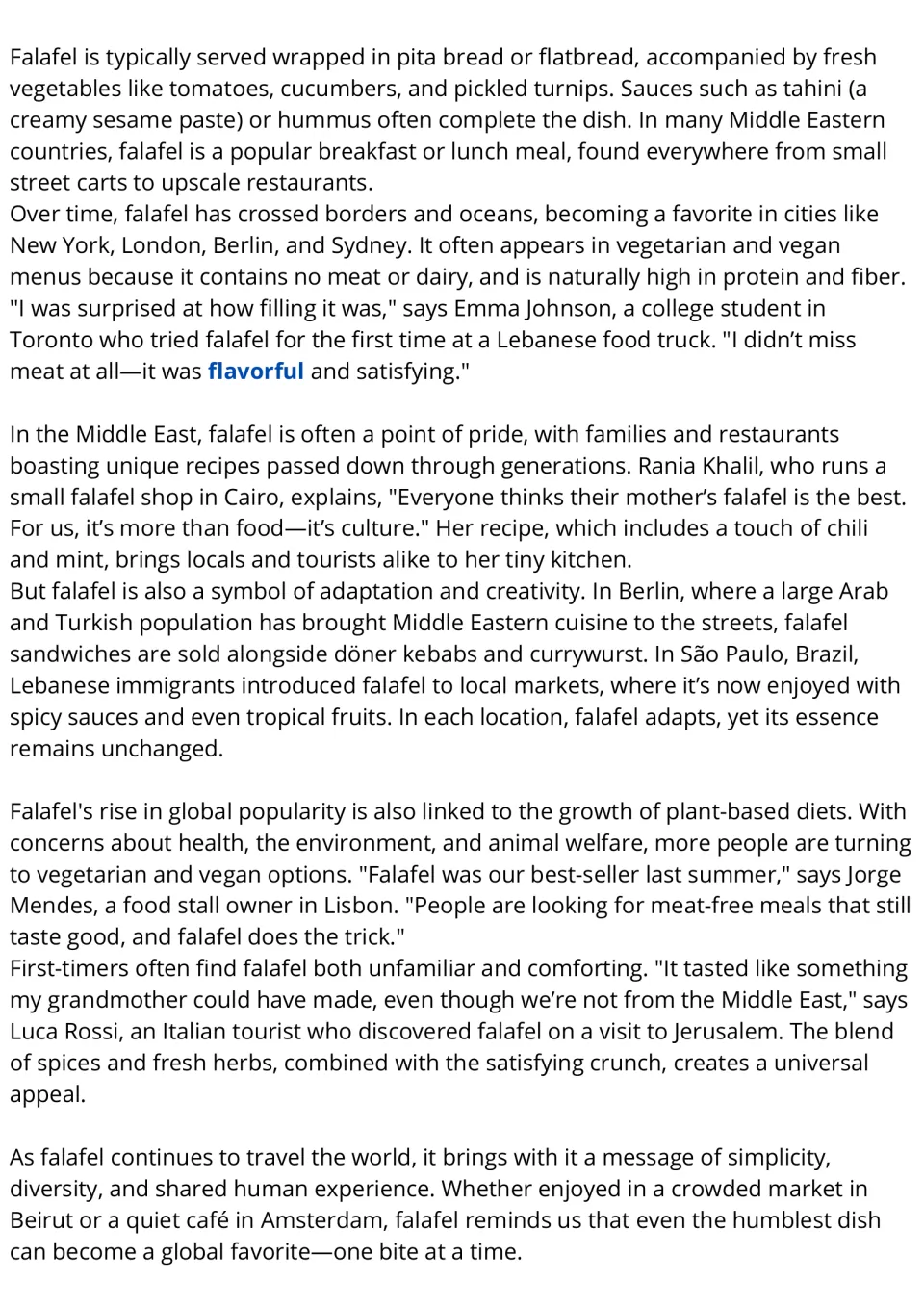 Falafel reading passage continued: serving styles, global popularity, cultural pride, and plant-based diets.