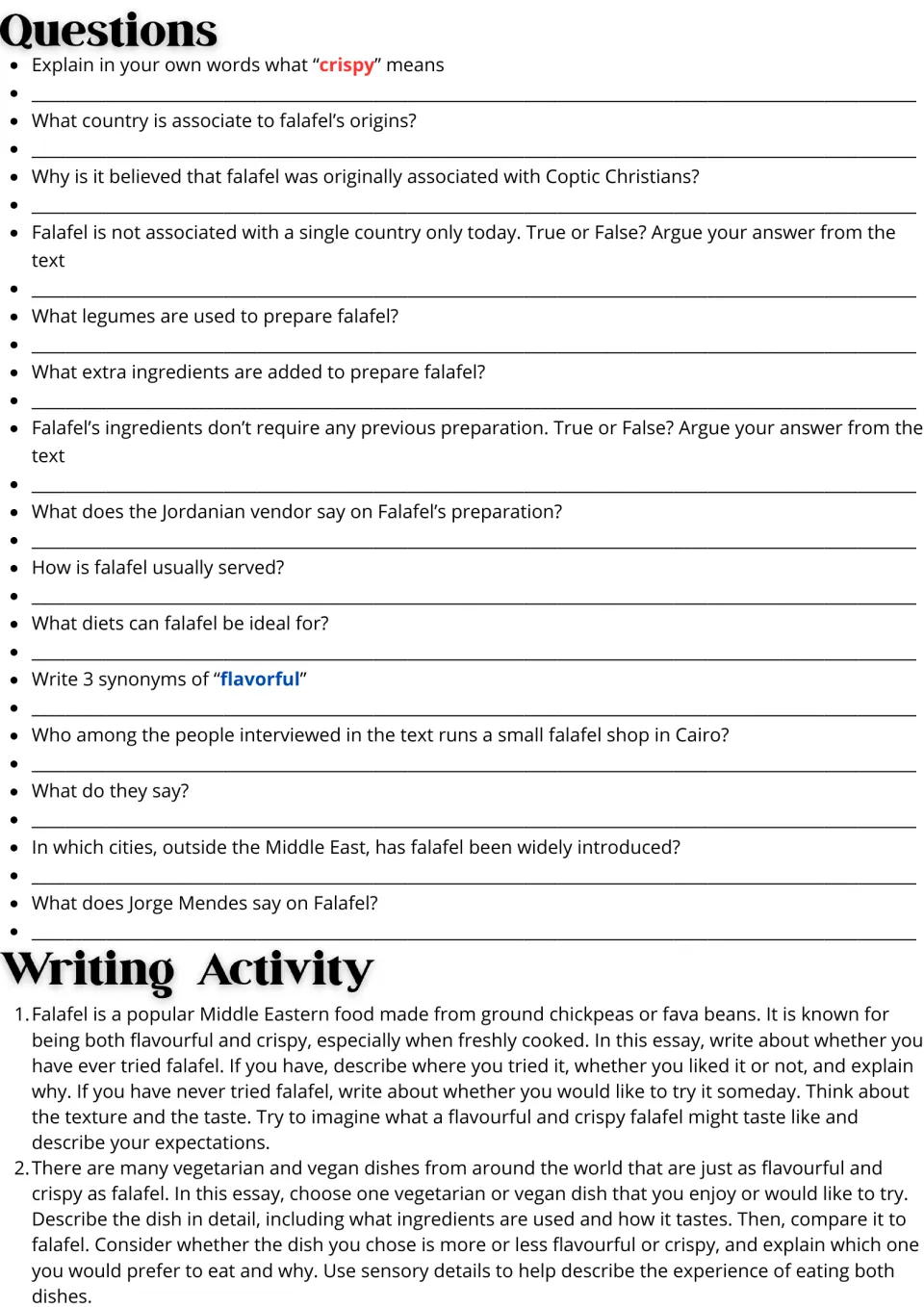 Falafel reading follow-up: 15 comprehension questions and two essay prompts about tasting and comparing foods.