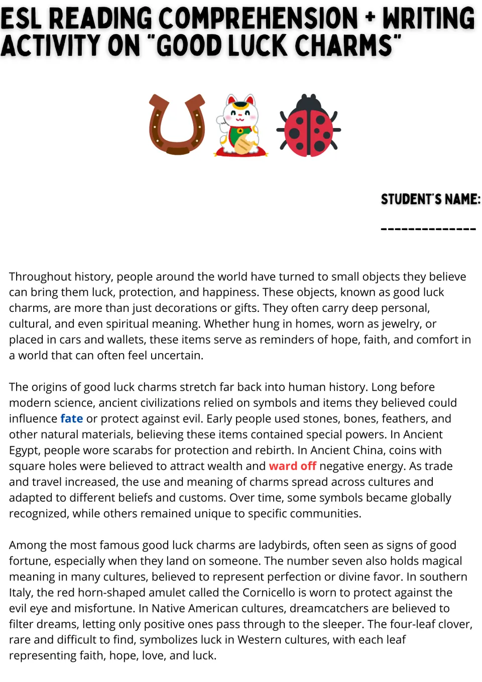 Opening ESL reading passage on good luck charms, their origins, scarabs, ladybugs, and four-leaf clovers.