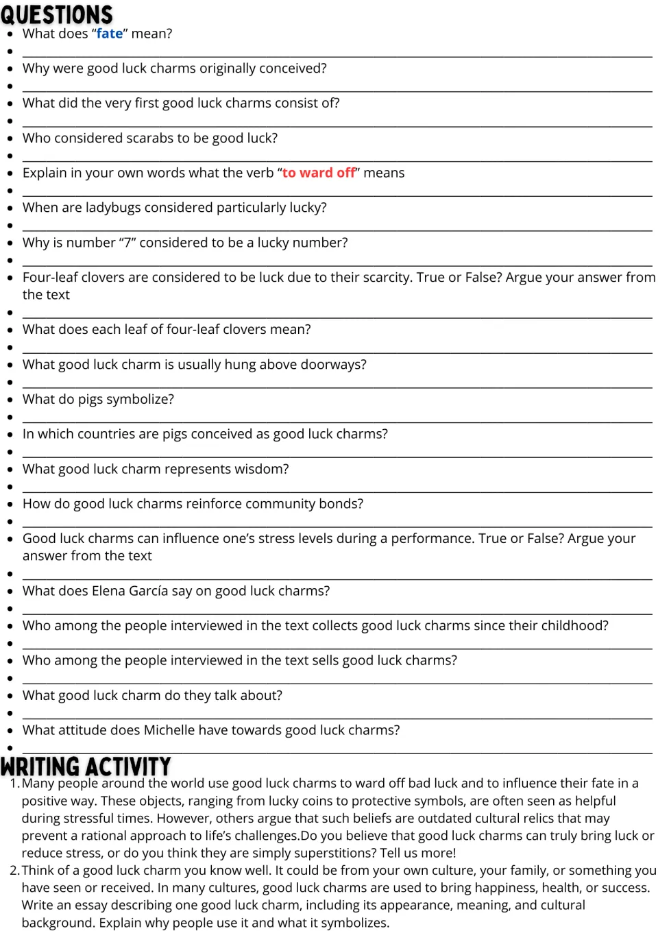 Reading response page with 20 comprehension questions and two writing prompts about good luck charms.