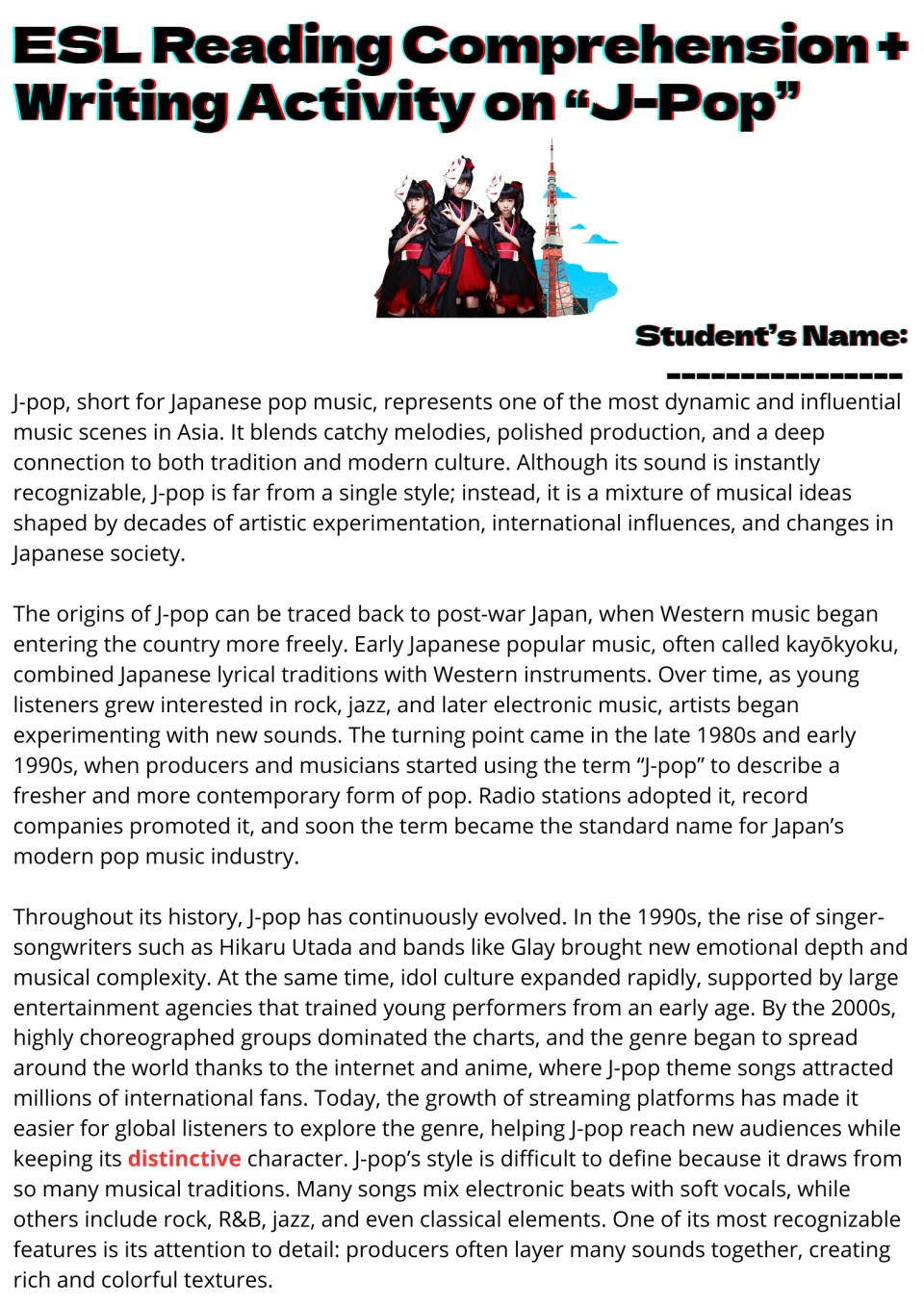 J-pop reading passage, part 1: Japanese pop music's origins, evolution, idol culture, and musical styles.