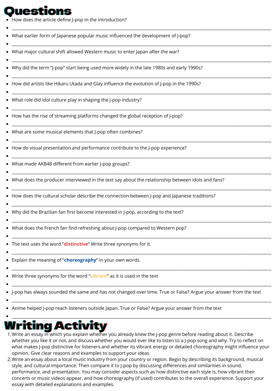 J-pop reading response: 19 comprehension and vocabulary questions plus two essay prompts about music.