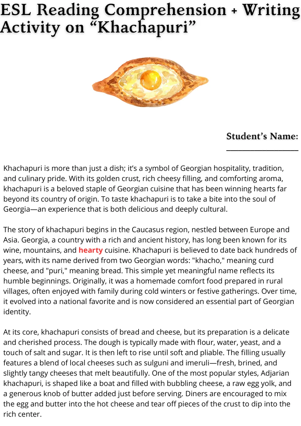 Opening reading passage on khachapuri: Georgian origins, bread and cheese ingredients, and preparation.