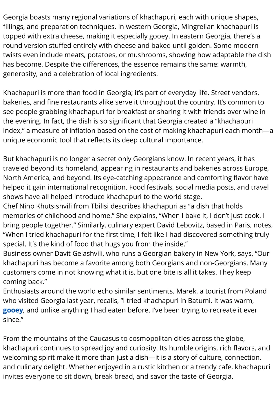Concluding khachapuri passage on regional varieties, daily life in Georgia, and worldwide popularity.