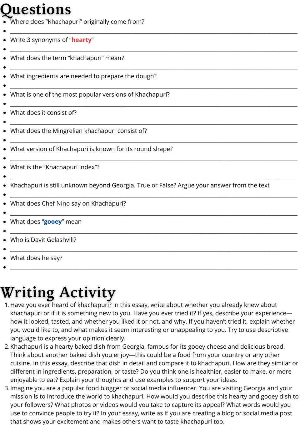 Khachapuri follow-up activities: 14 comprehension and vocabulary questions plus three essay prompts.