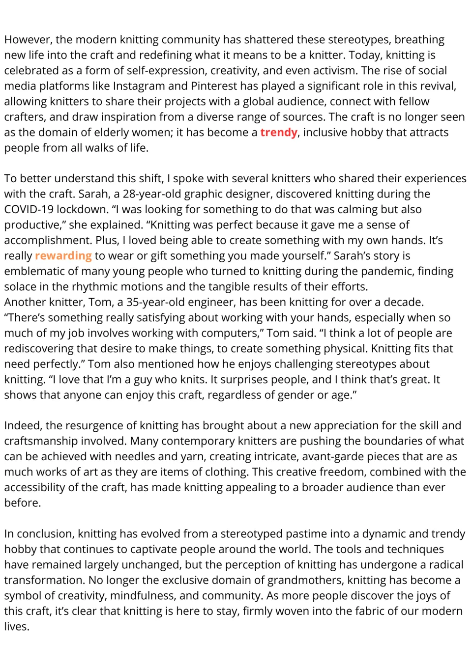 Knitting passage, part 2: students read how social media revived the craft, with interviews of knitters Sarah and Tom