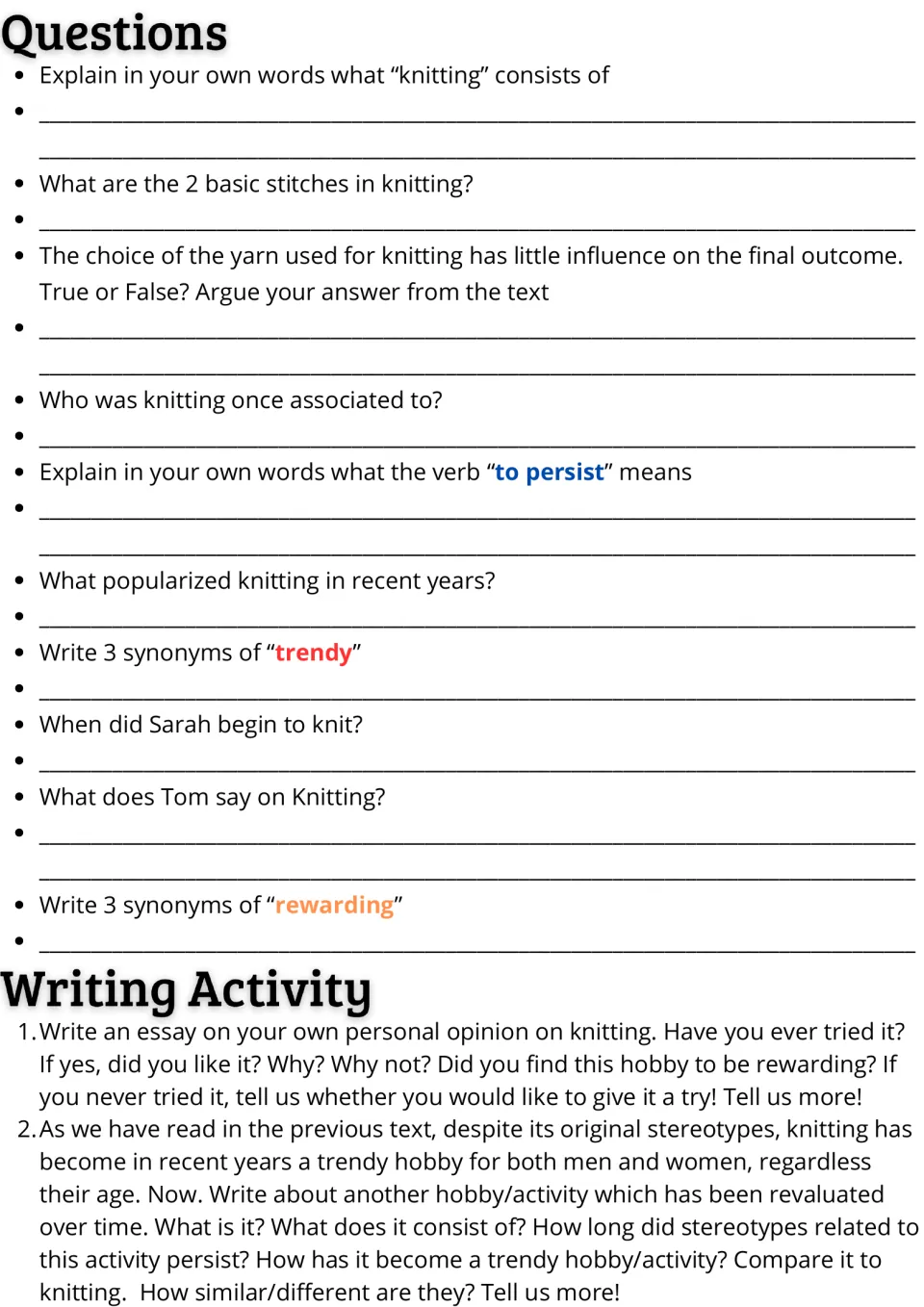 Knitting questions: students answer 10 comprehension and synonym items, then write an opinion essay or compare another hobby