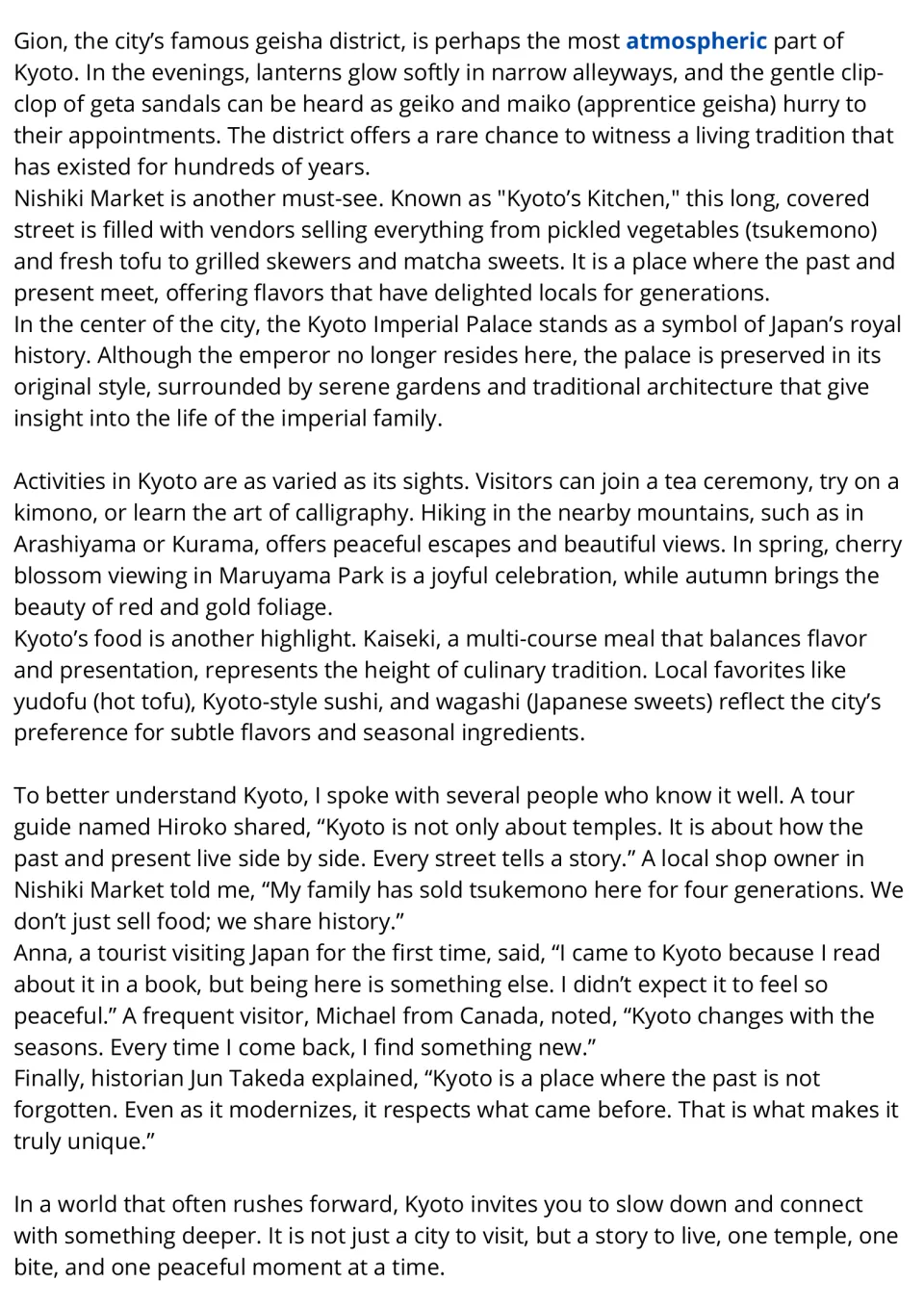 Kyoto reading passage, part 2: Gion, Nishiki Market, the Imperial Palace, activities, food, and interviews.