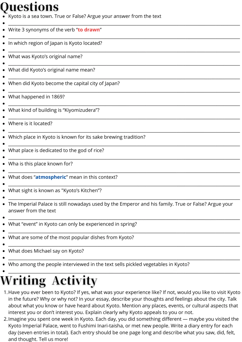 Kyoto follow-up: 19 comprehension and vocabulary questions, a personal essay prompt, and a weeklong diary.