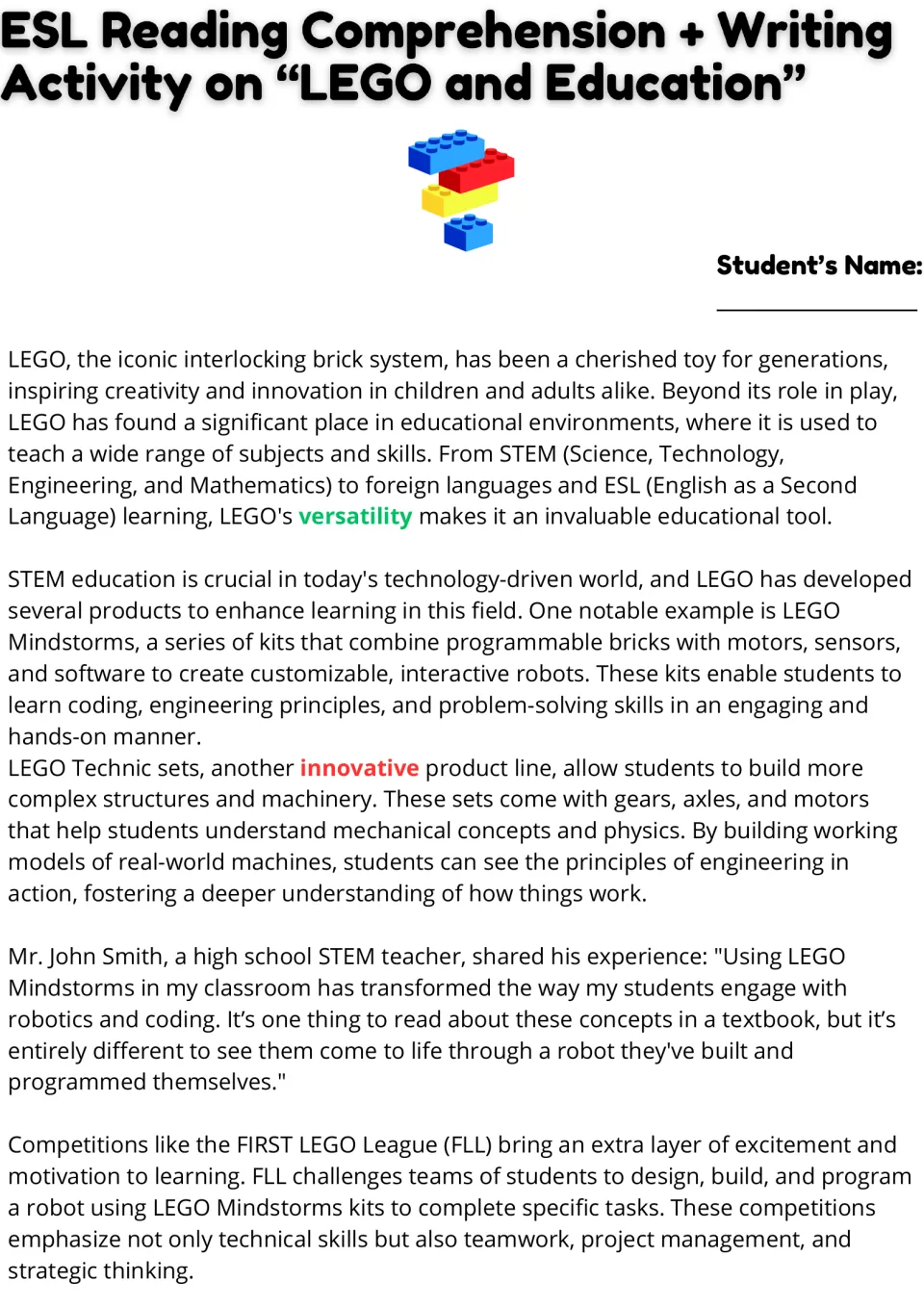 LEGO and Education reading passage, part 1: students read about LEGO Mindstorms, Technic sets and the FIRST LEGO League