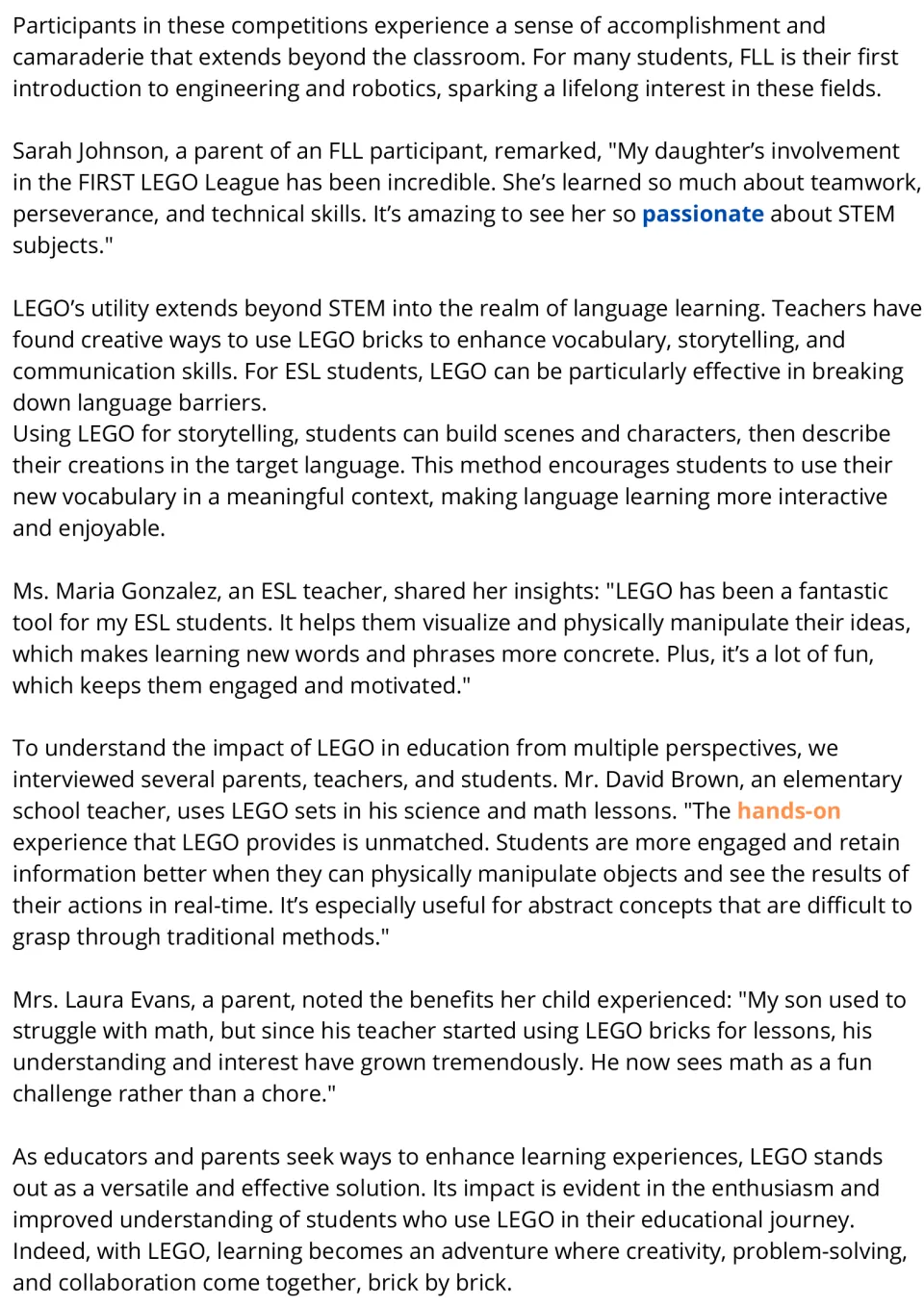 LEGO and Education passage, part 2: students read teacher and parent quotes on LEGO for ESL storytelling and math