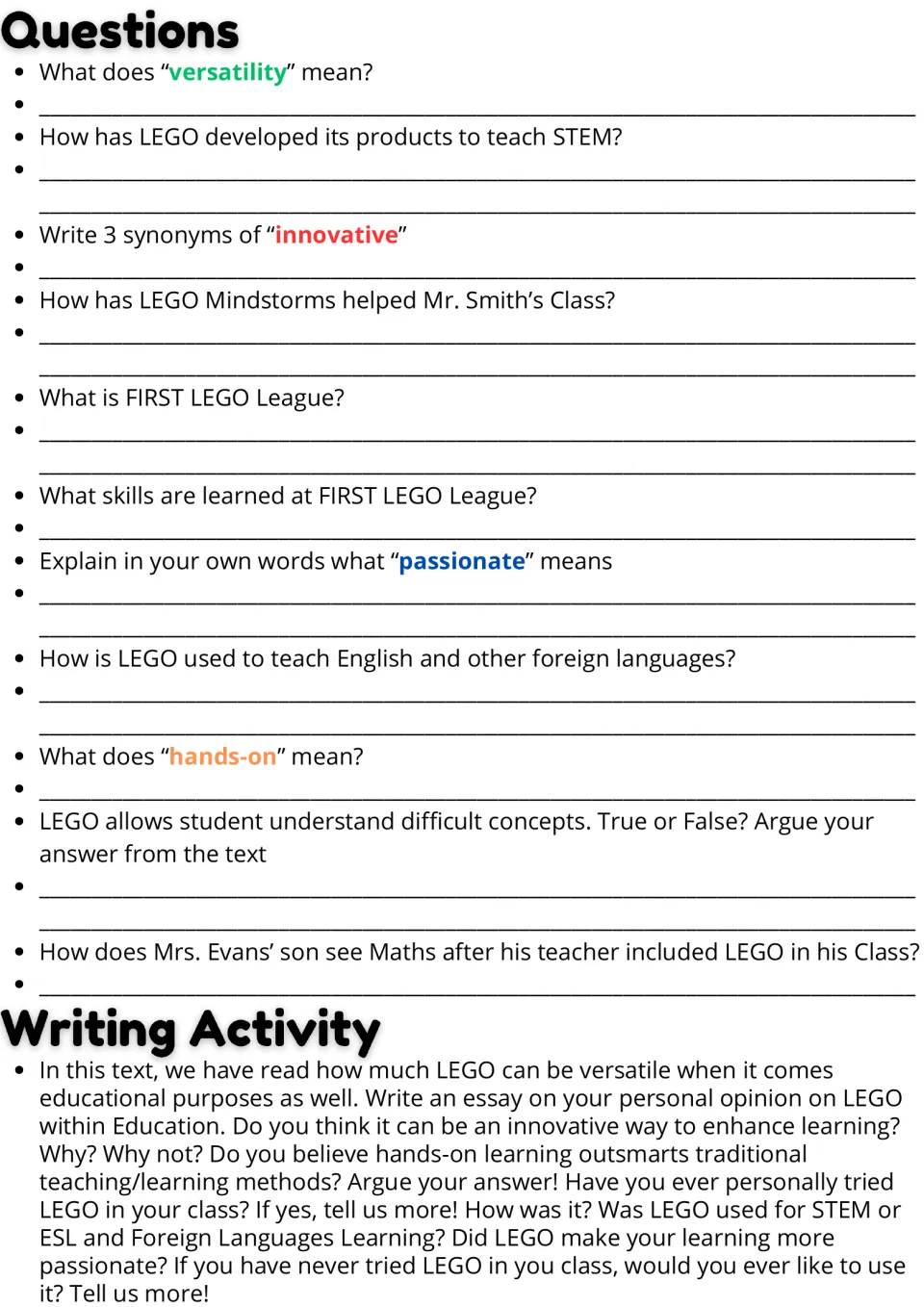 Comprehension questions on the LEGO text: define versatility and hands-on, give synonyms, then write an opinion essay