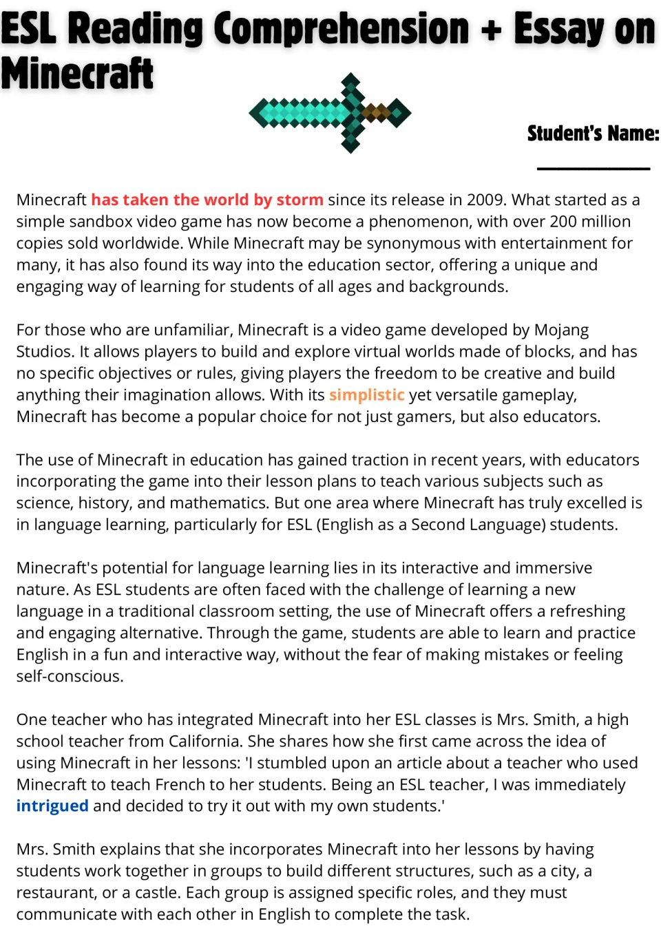Minecraft in education reading passage: students read about the game's history and an ESL teacher using it in class