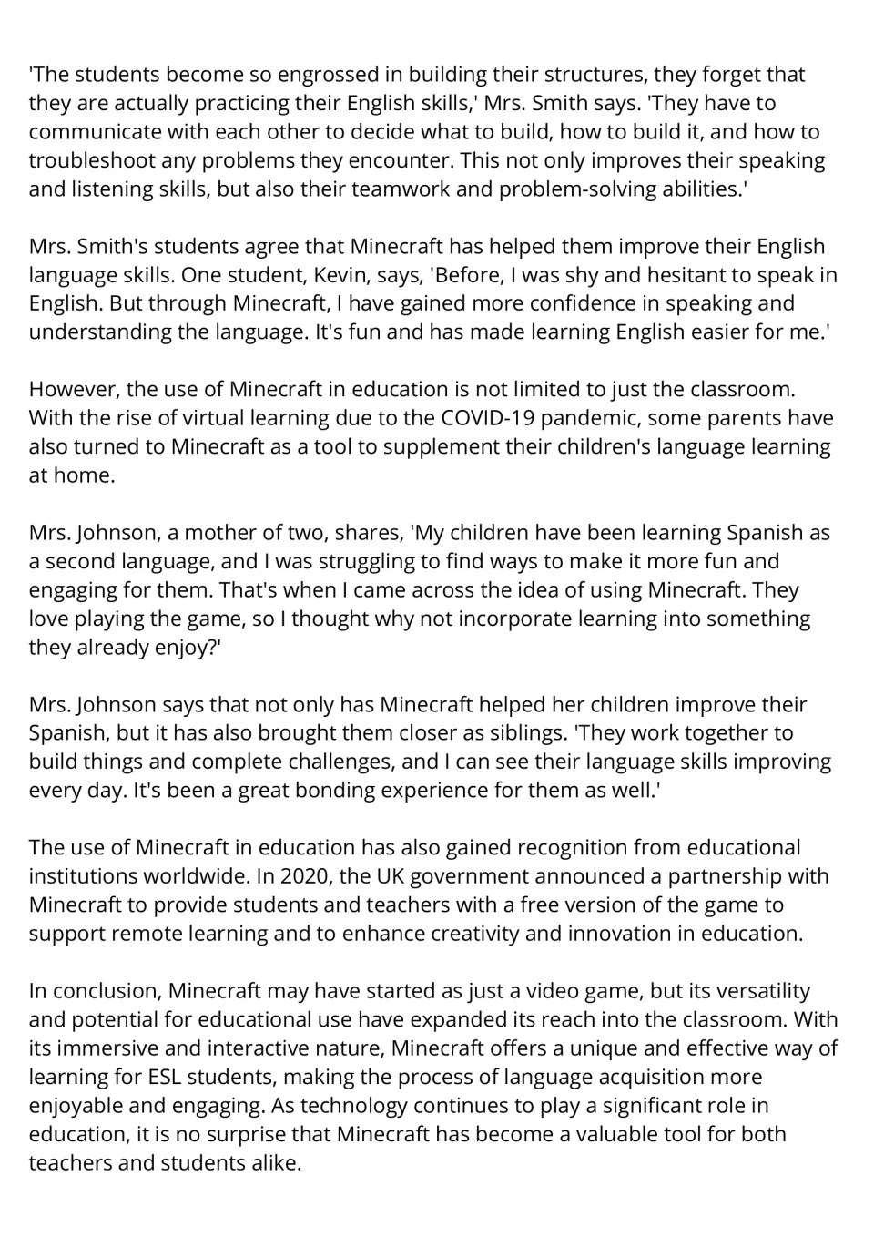 Minecraft reading passage continued: student Kevin, a parent and the UK government's 2020 partnership, with a conclusion