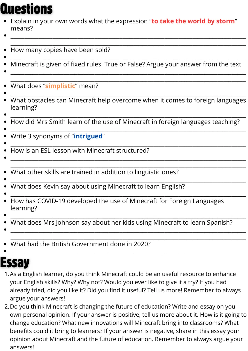 Comprehension questions on the Minecraft text: vocabulary, true/false and recall items, plus two opinion essay prompts