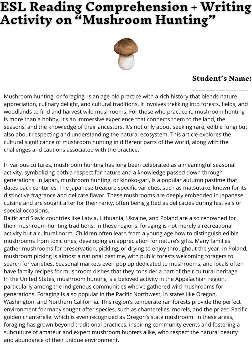 Mushroom hunting article, part 1: students read about foraging traditions in Japan, Poland, the Baltics and the US
