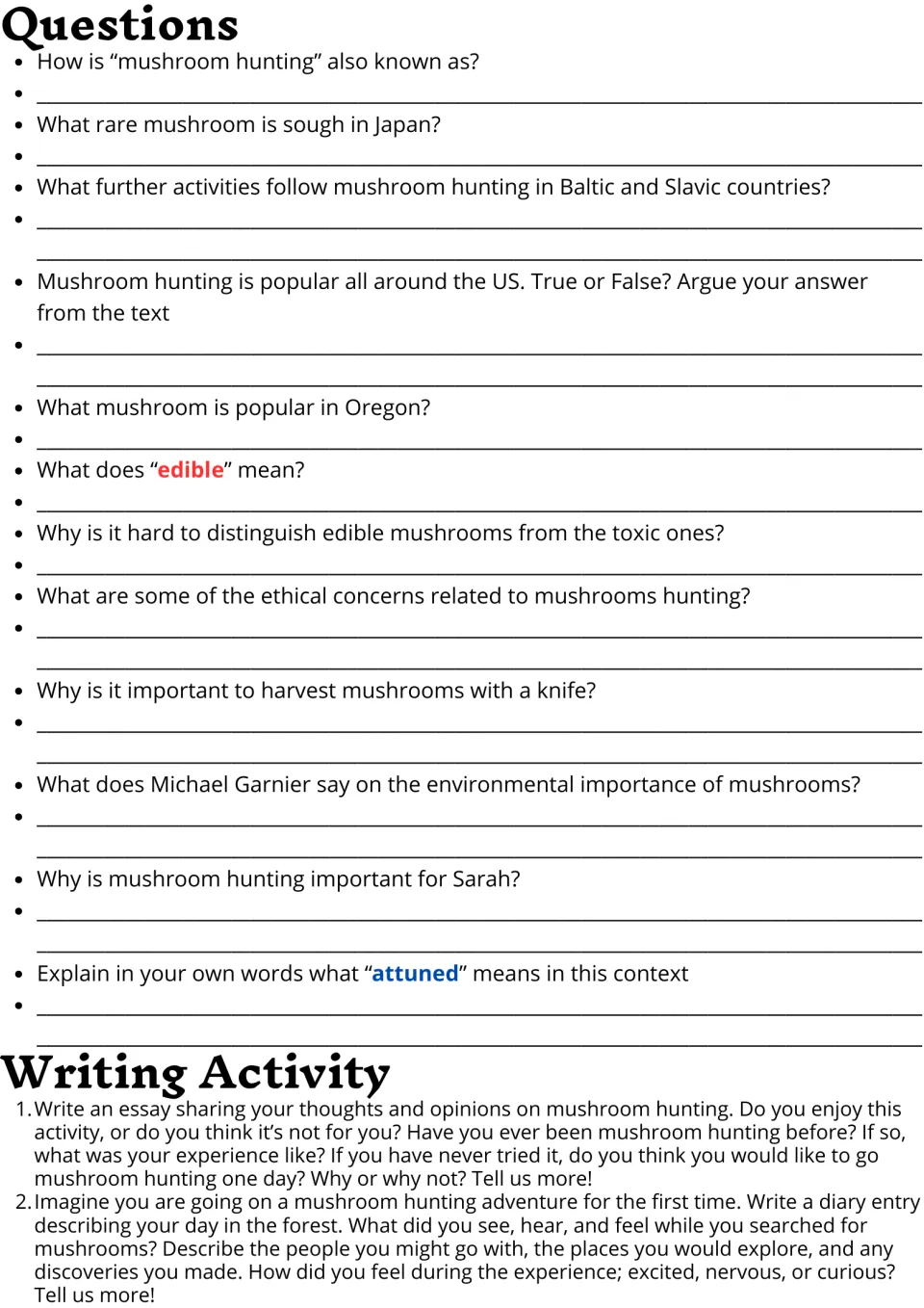 Mushroom hunting questions: 12 comprehension and vocabulary items, then two prompts for an opinion essay and a diary entry
