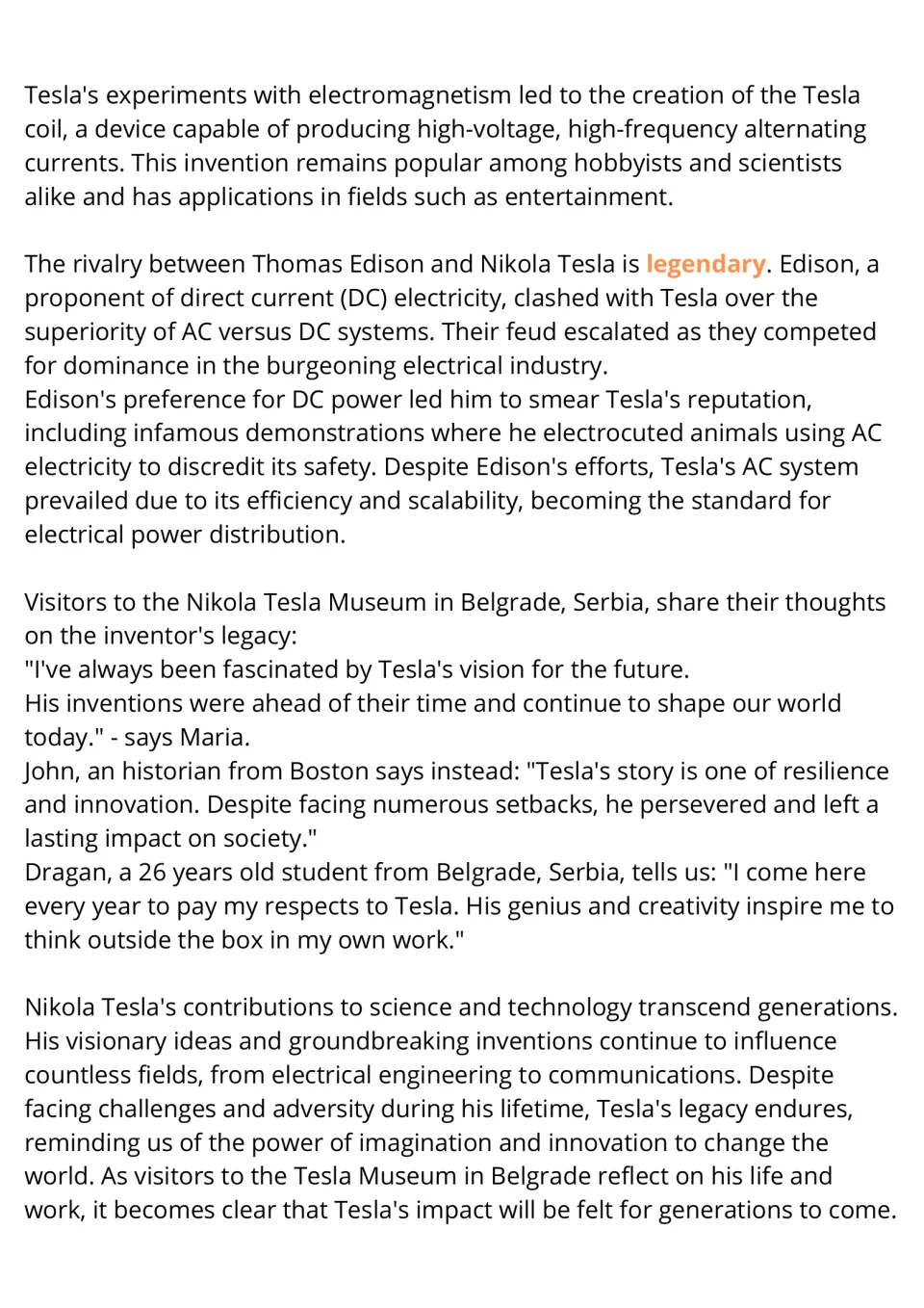 Nikola Tesla passage, part 2: students read about the Tesla coil, AC vs DC rivalry with Edison and museum visitor quotes