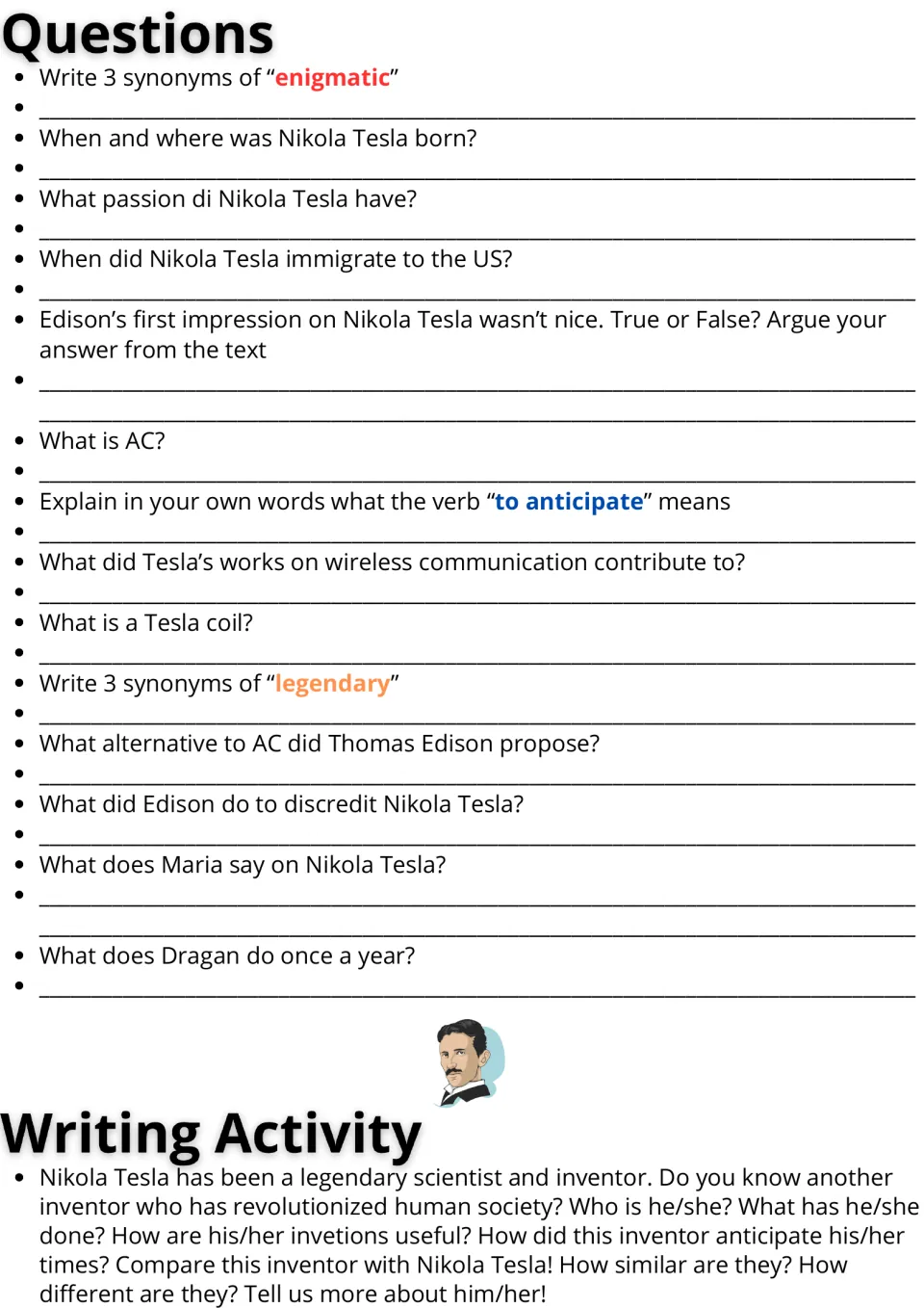Tesla questions: students answer 14 comprehension and vocabulary items, then write comparing another inventor with Tesla
