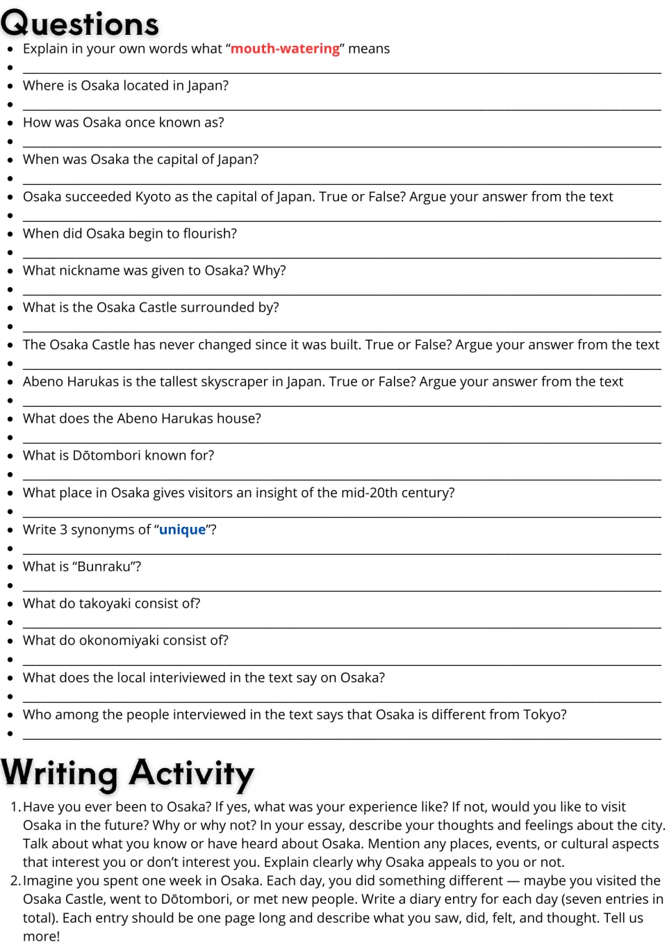 Osaka follow-up: 19 comprehension and vocabulary questions, a personal essay prompt, and a seven-day diary task