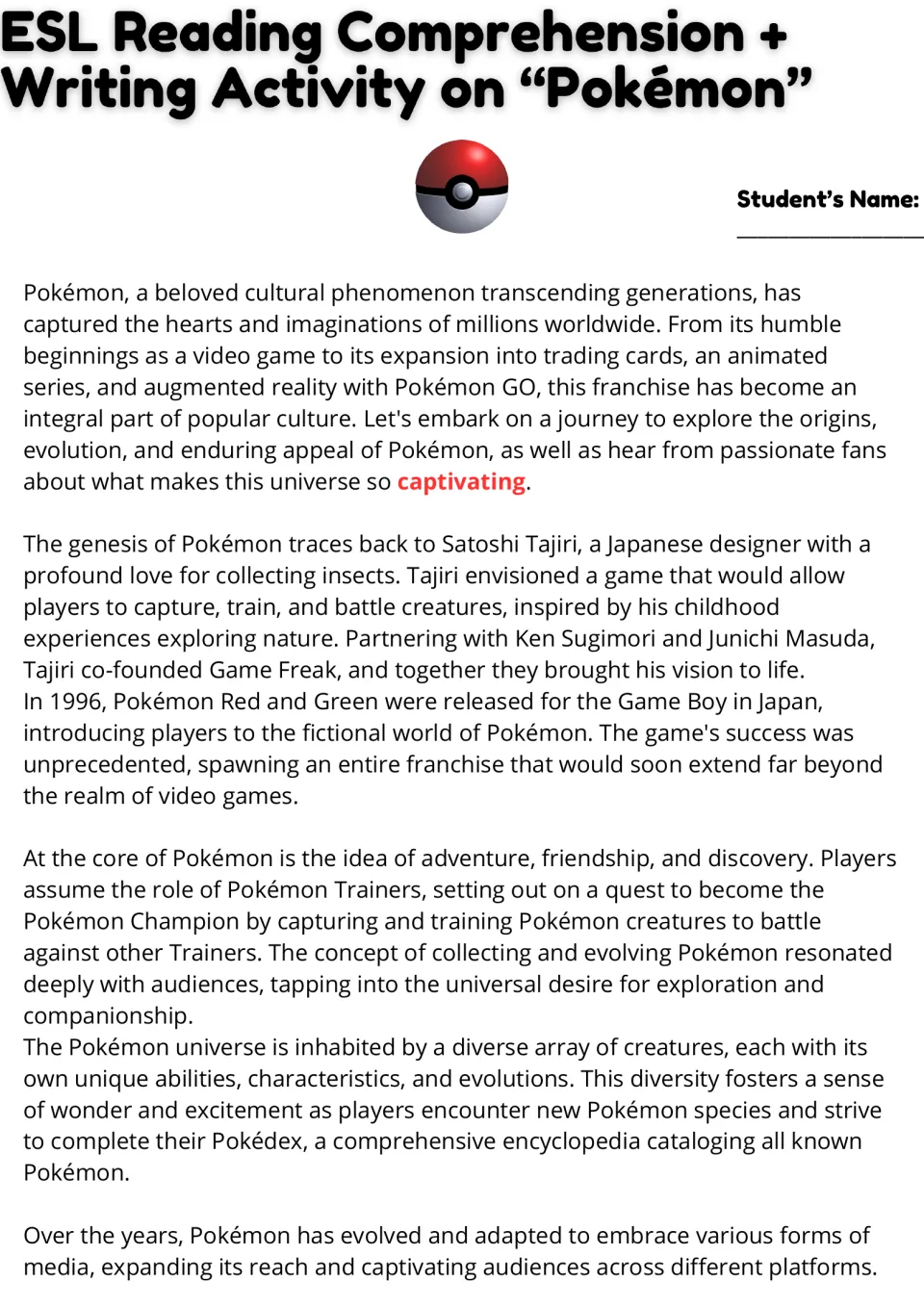Pokémon reading passage, part 1: students read about Satoshi Tajiri, Game Freak and the 1996 Red and Green games