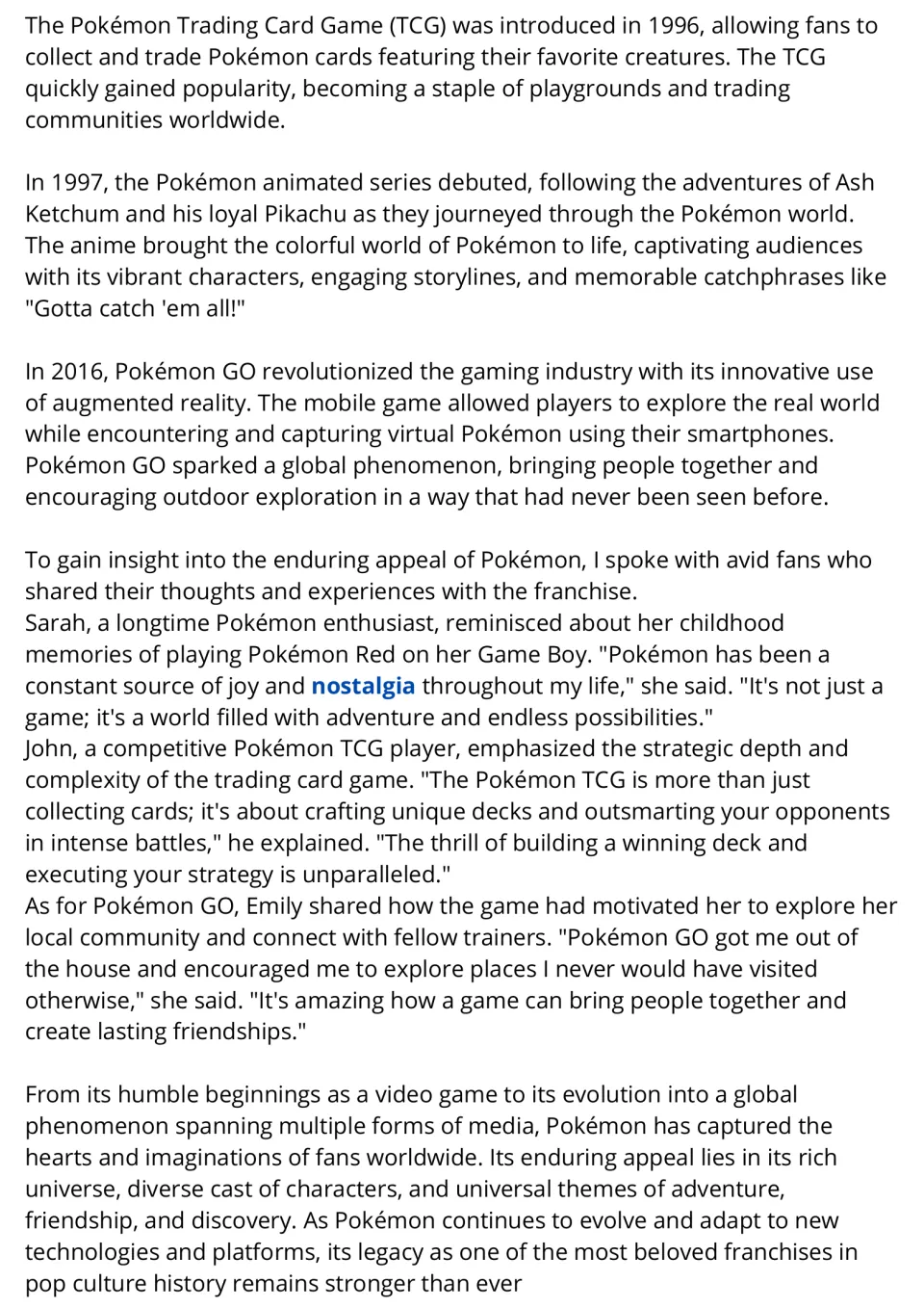 Pokémon passage, part 2: students read about the card game, anime and Pokémon GO and quotes from fans Sarah, John, Emily