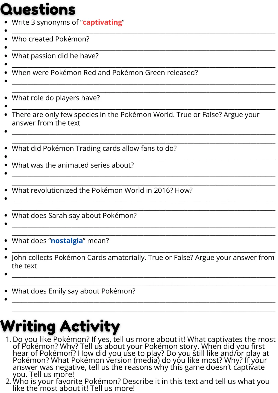 Pokémon questions: students answer 13 items on vocabulary, facts and true/false, then write about their favorite Pokémon