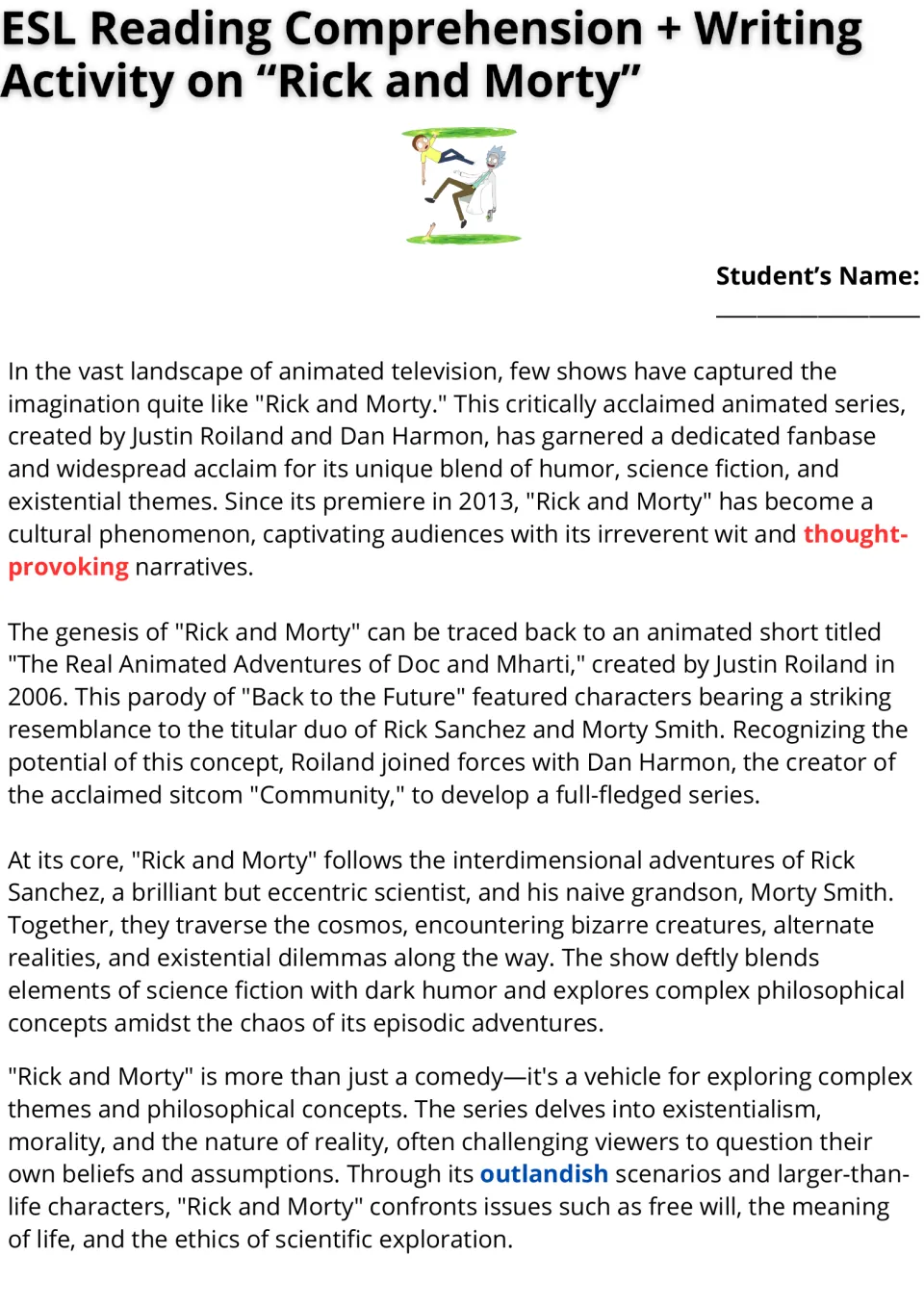 Rick and Morty reading passage, part 1: students read about the show's origins, creators and themes; key words in color