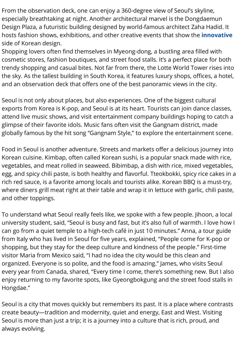 Seoul reading passage, part 2: modern landmarks, shopping, K-pop, Korean food, and residents' and visitors' views.
