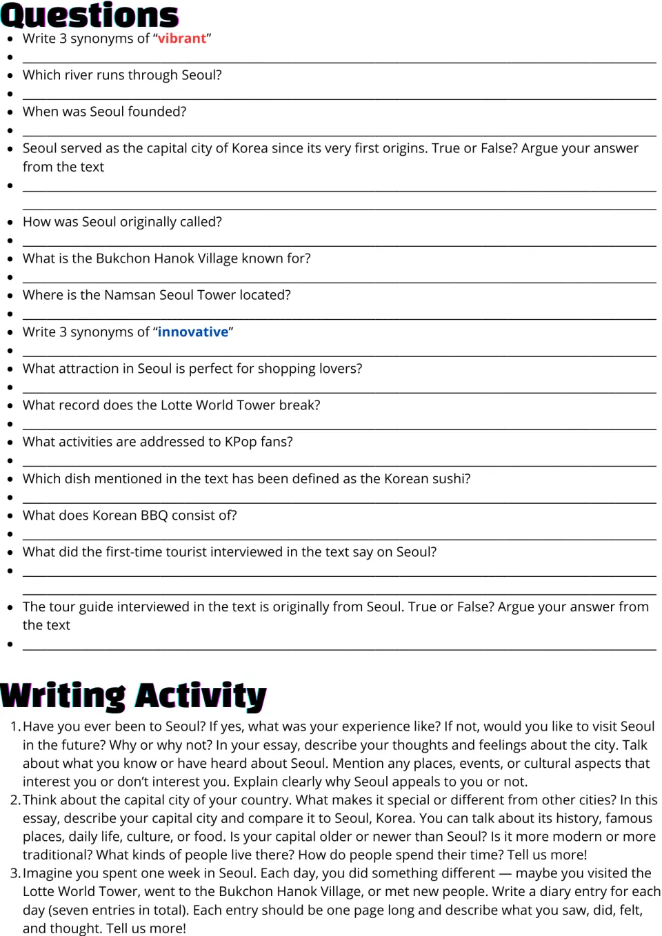 Seoul passage follow-up: 15 comprehension and vocabulary questions and three essay or diary writing prompts.