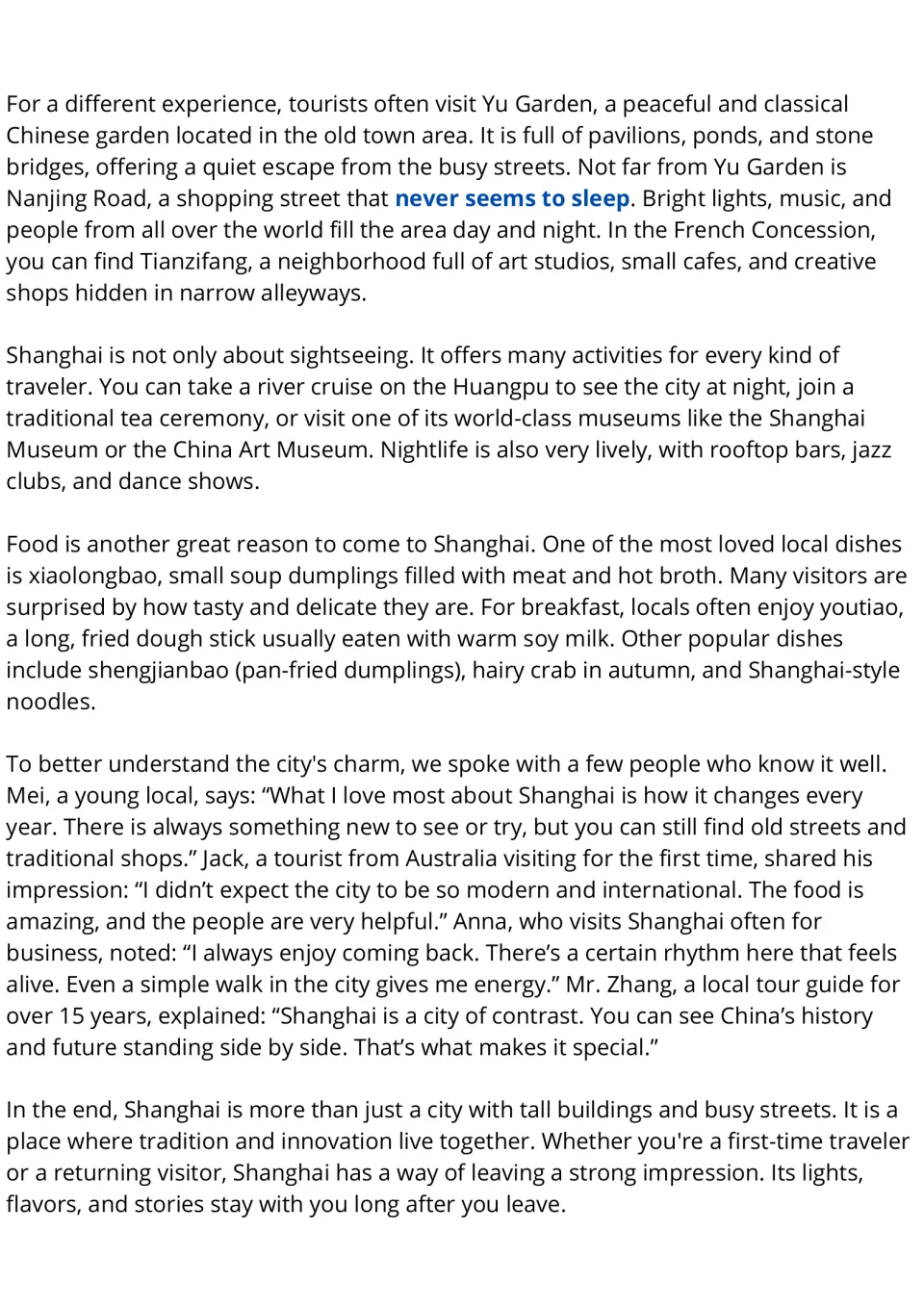 Shanghai reading passage, part 2: attractions, activities, local foods, and residents' and visitors' views.