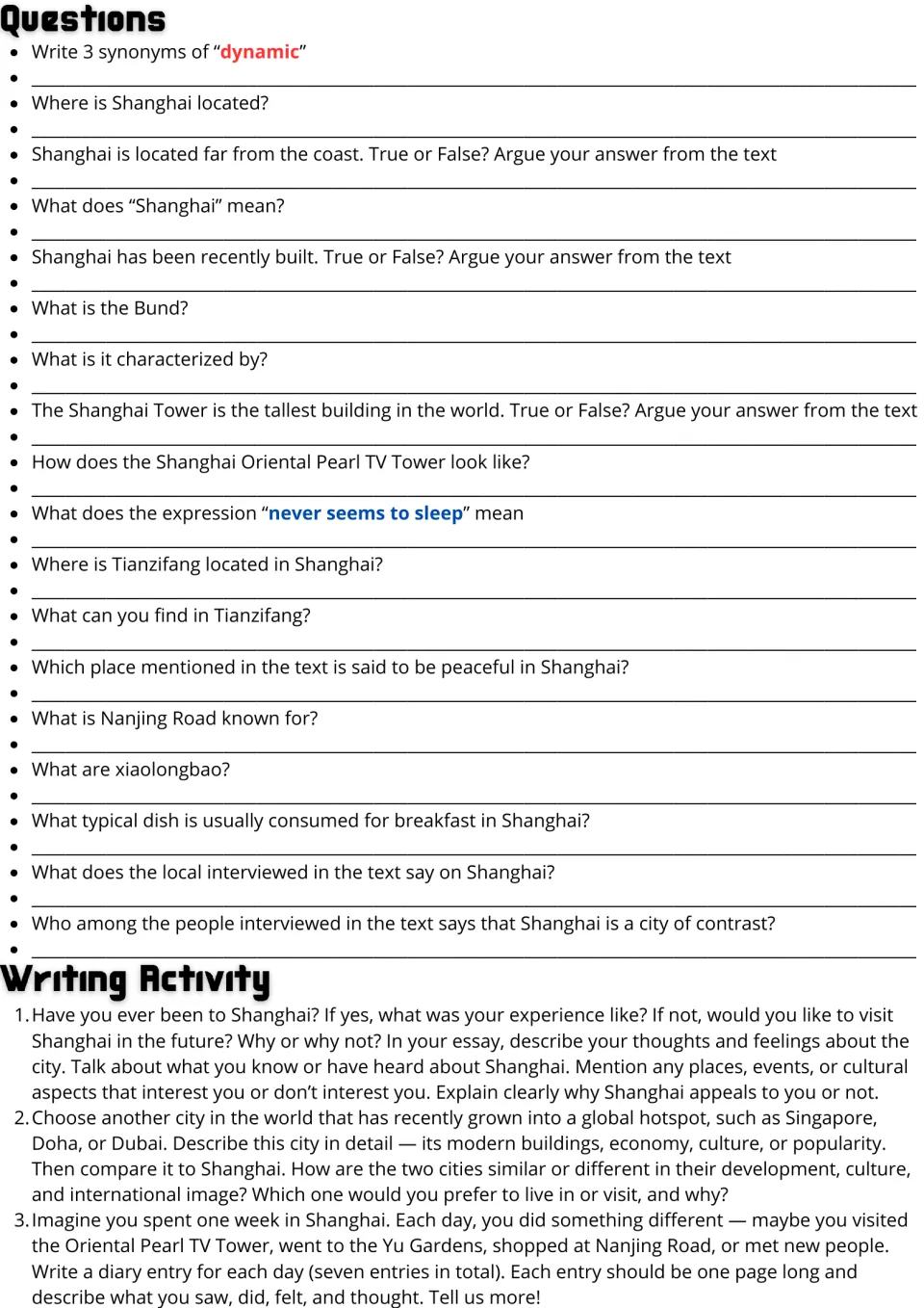 Shanghai passage follow-up: 18 comprehension questions and three writing prompts, including a seven-day diary.