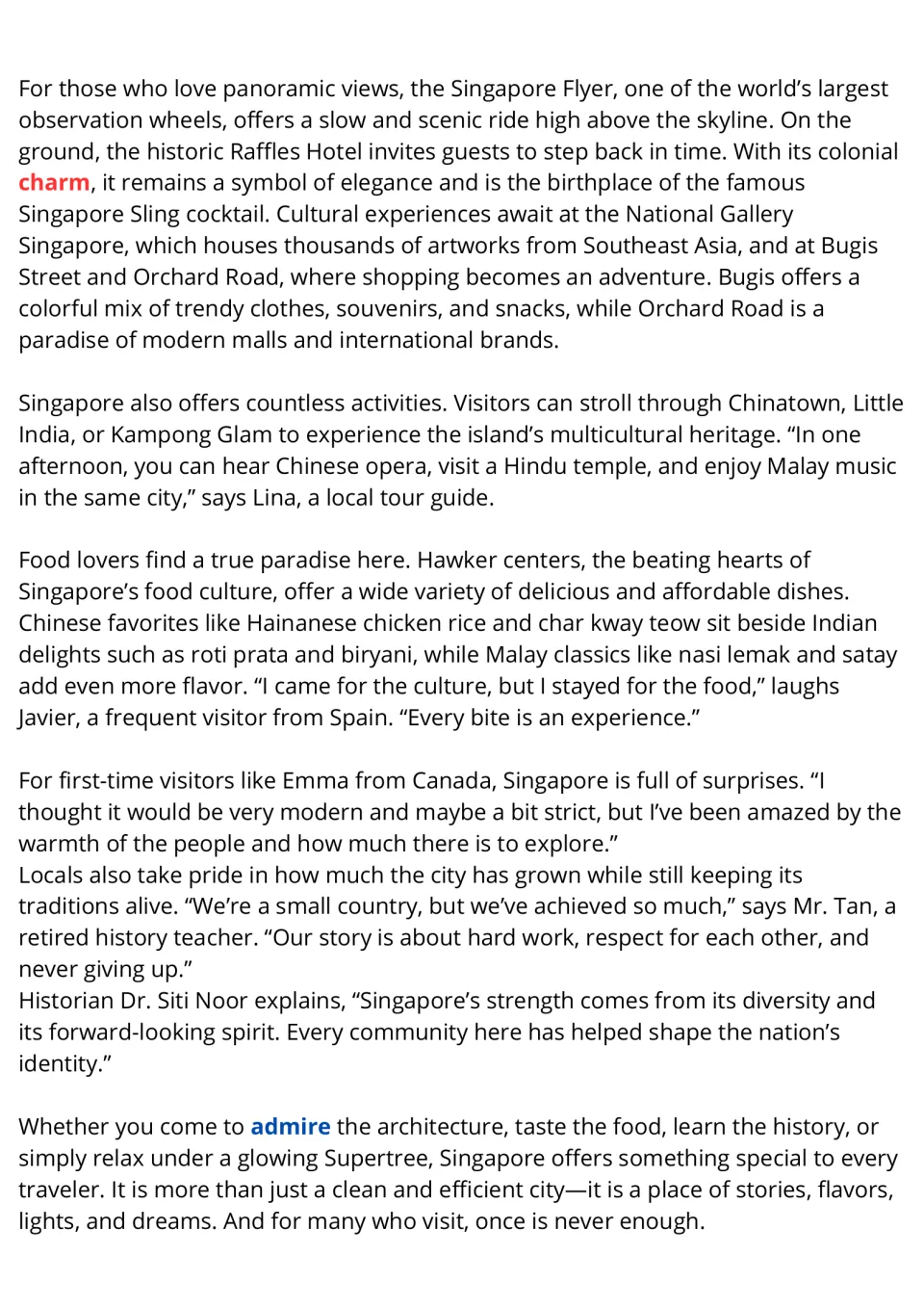 Singapore reading passage, part 2: sightseeing, shopping, cultural neighborhoods, food, and visitor perspectives