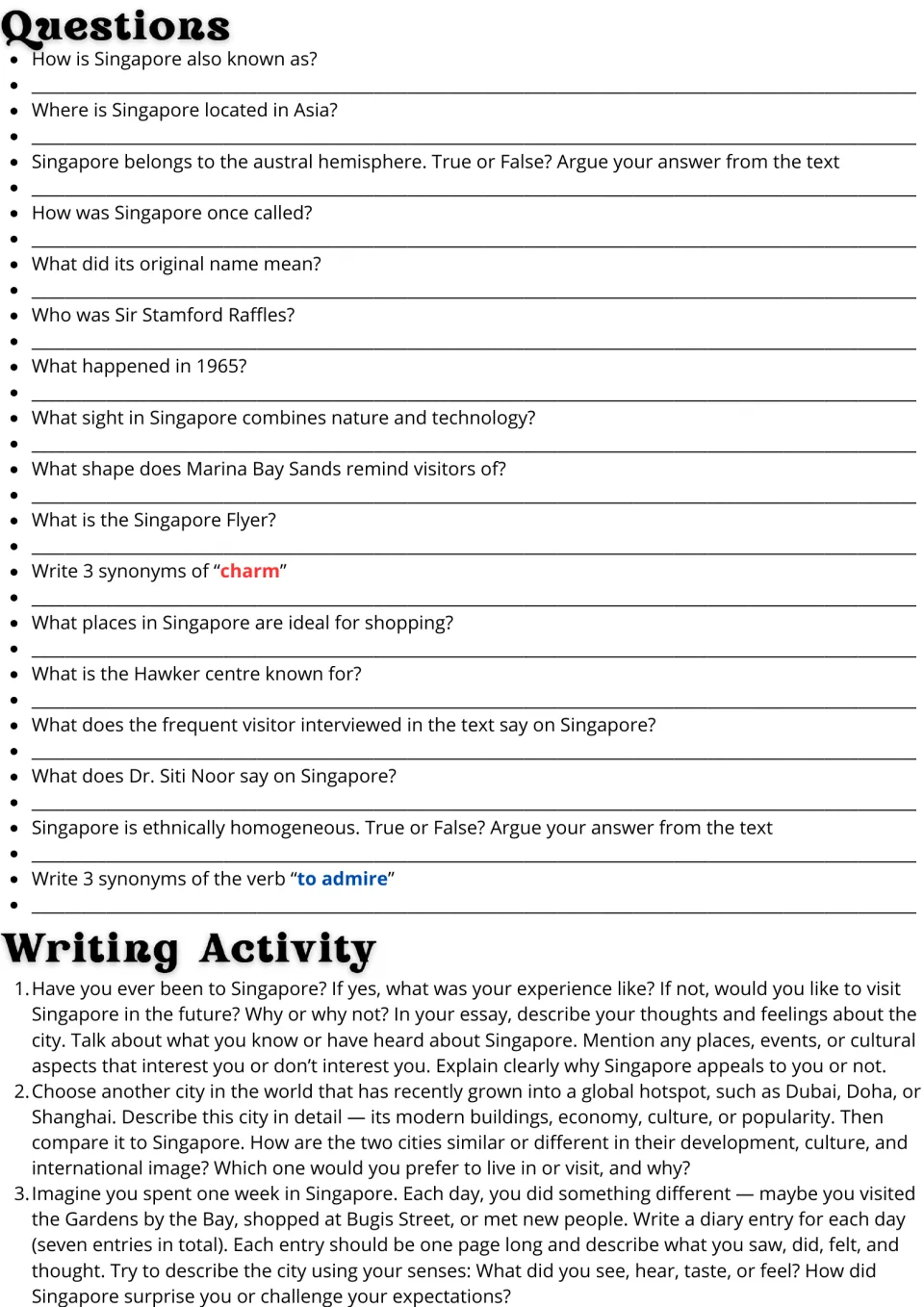 Singapore follow-up: 17 comprehension and vocabulary questions plus three essay, comparison, and diary prompts