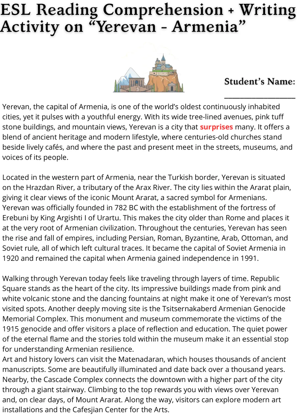 Opening ESL reading passage on Yerevan: location, founding in 782 BC, Republic Square, and museums.