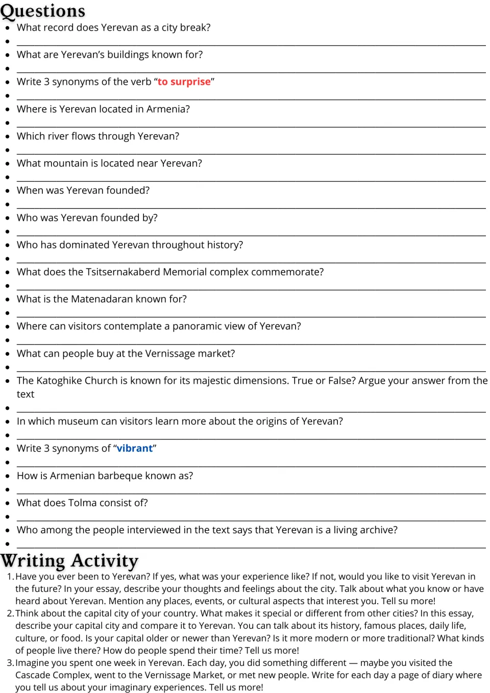 Follow-up activities for the Yerevan passage: 19 comprehension and vocabulary questions and 3 writing prompts.