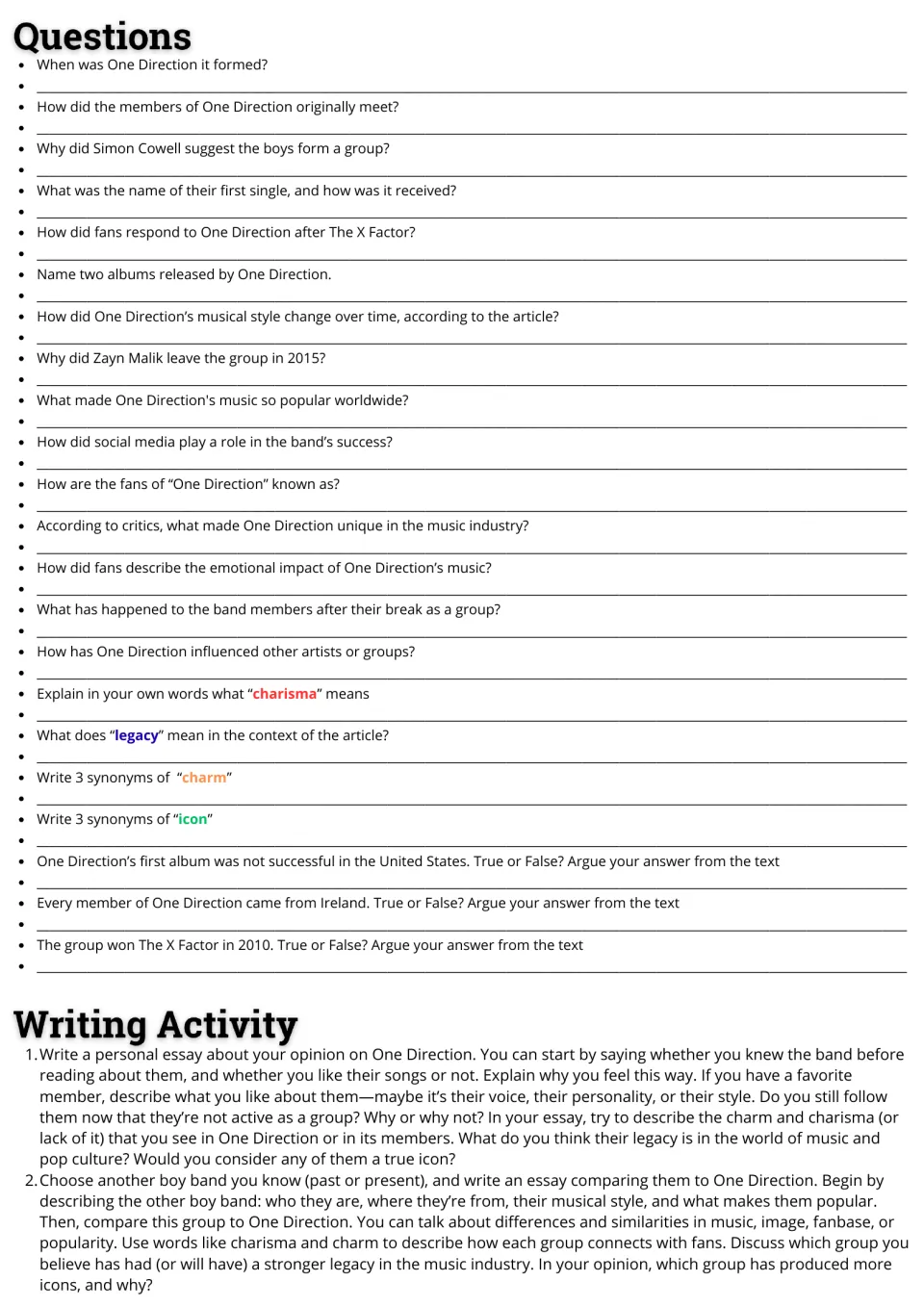 Reading response page: 22 comprehension and vocabulary questions plus two essays about One Direction.