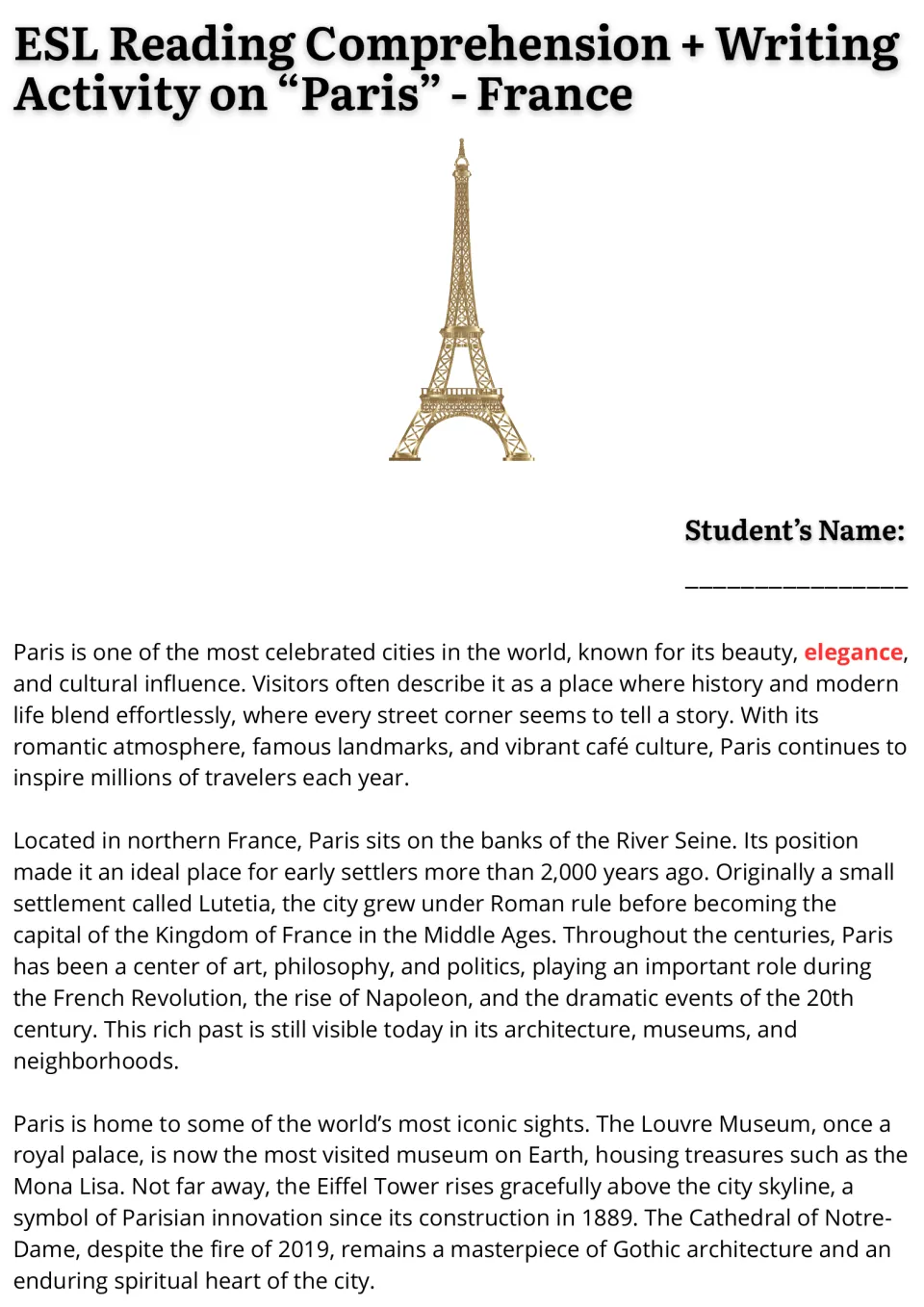 Paris reading passage, part 1: the Seine, city history, the Louvre, the Eiffel Tower, and Notre-Dame.